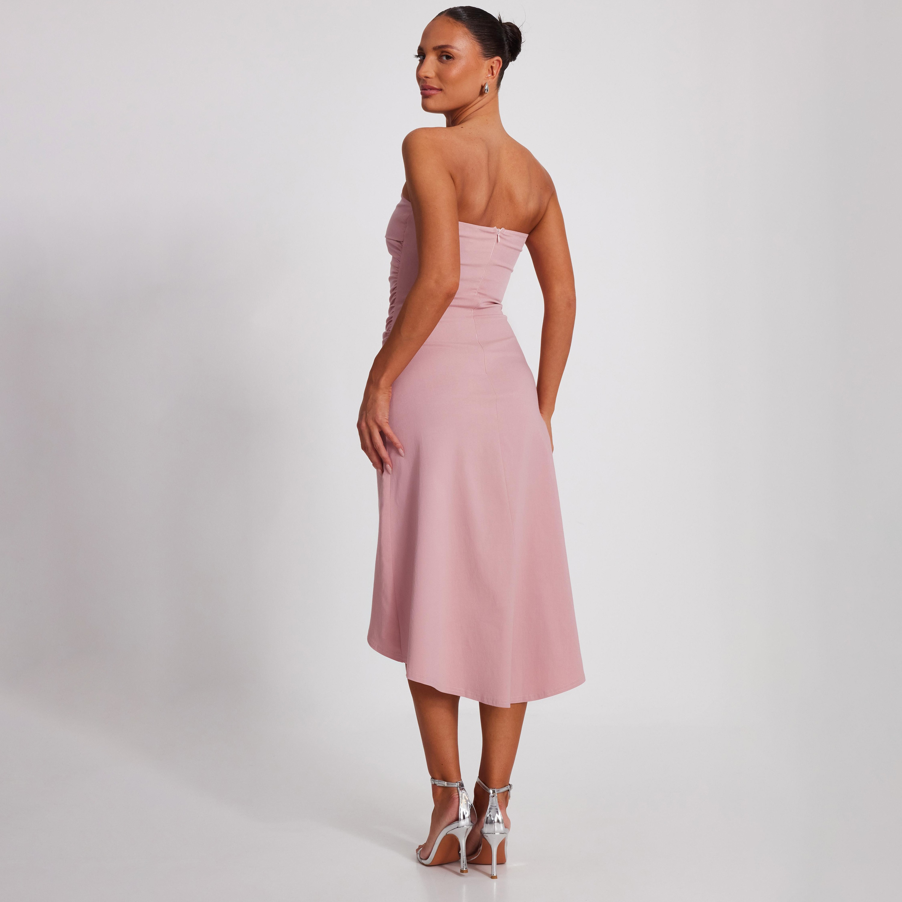 فستان ميدي نسائي باندو بلون وردي فاتح بلون بنغالين من الكتف-women-clothing-dresses-image-3