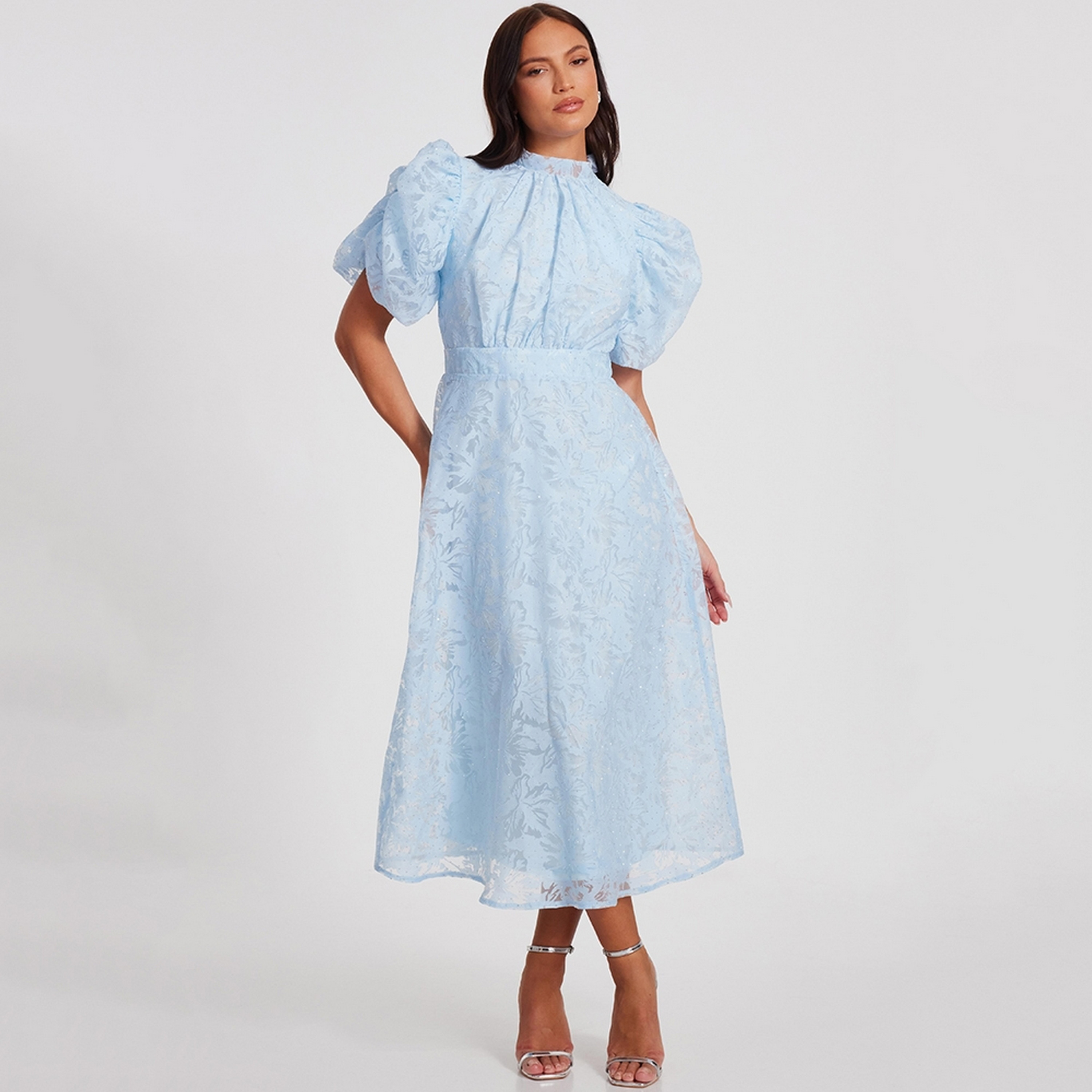 Quiz Jacquard & Embellished Chiffon High Neck Puff Sleeves Blue Women's Midi Dress-women-clothing-dresses-image-1