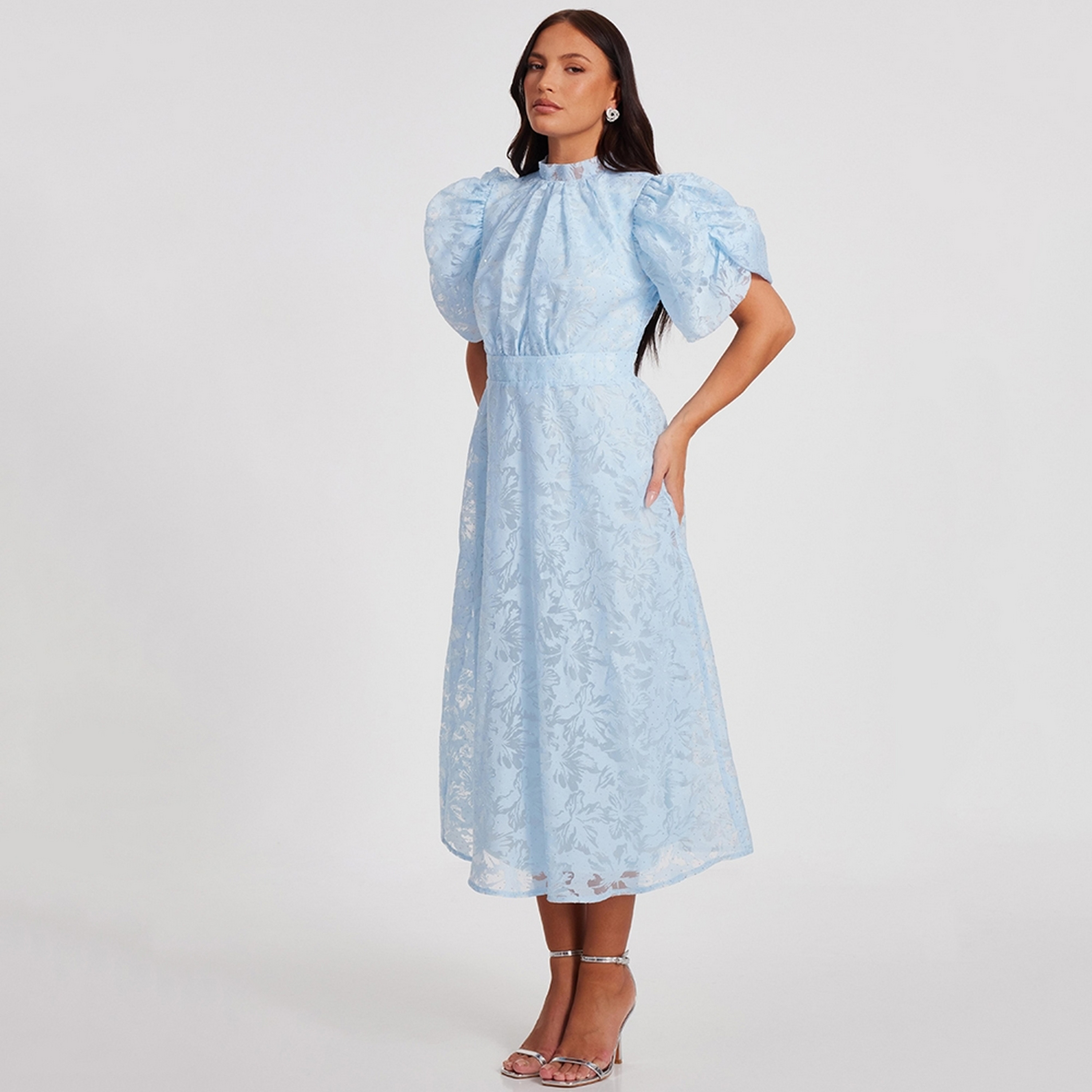 Quiz Jacquard & Embellished Chiffon High Neck Puff Sleeves Blue Women's Midi Dress-women-clothing-dresses-image-2