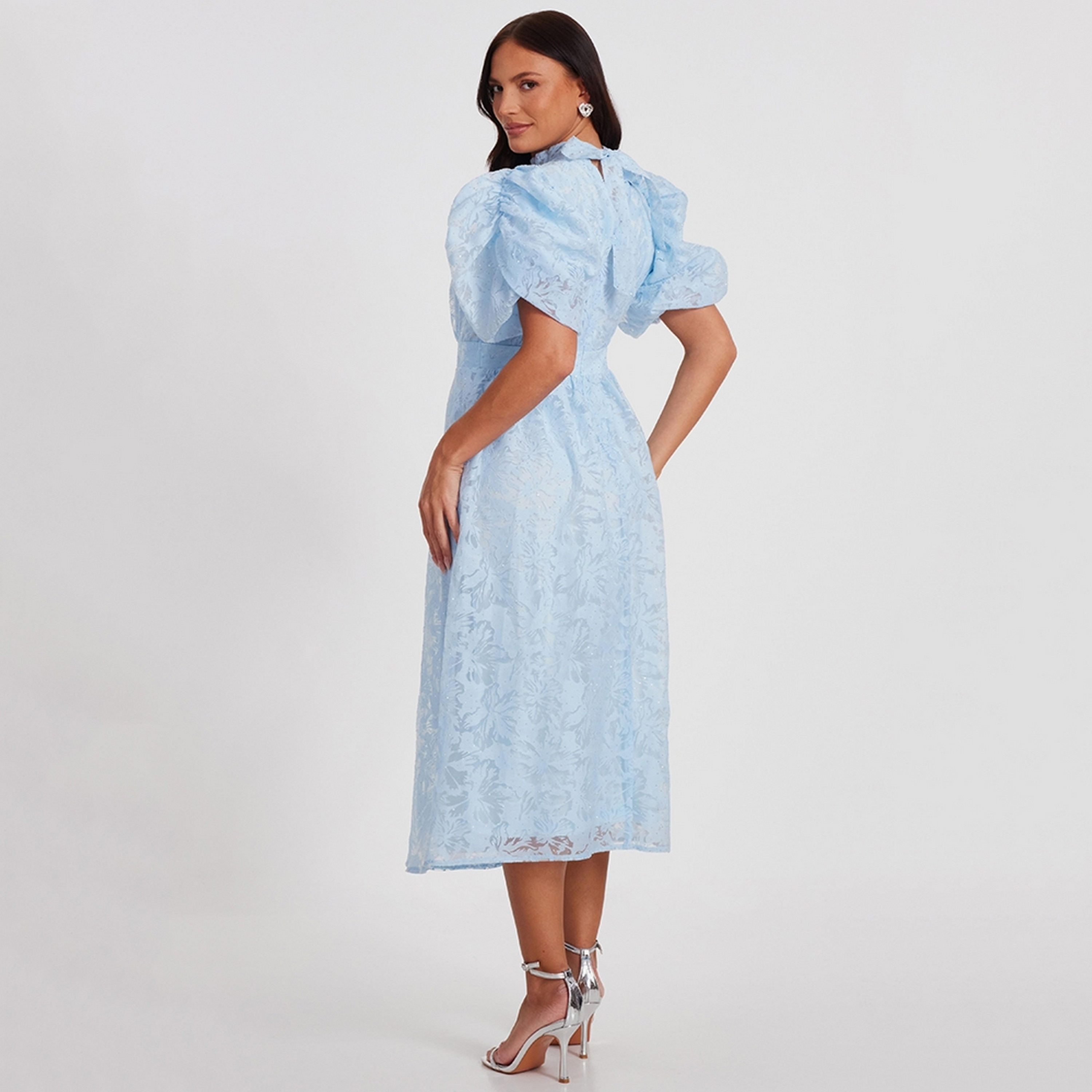 Quiz Jacquard & Embellished Chiffon High Neck Puff Sleeves Blue Women's Midi Dress-women-clothing-dresses-image-3
