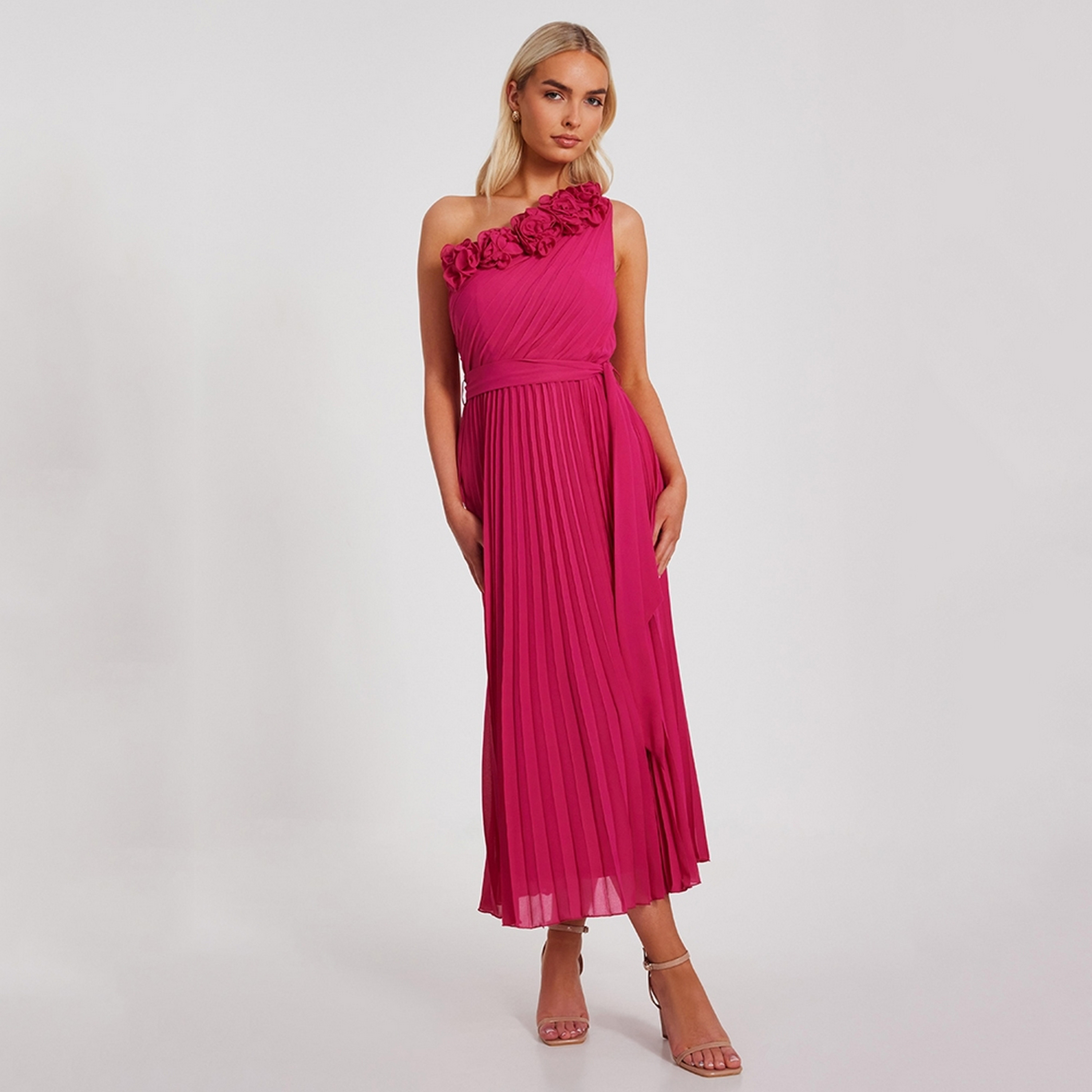 Quiz 3D Floral Chiffon One-Shoulder Pleated Women's Midi Dress-women-clothing-dresses-image-1