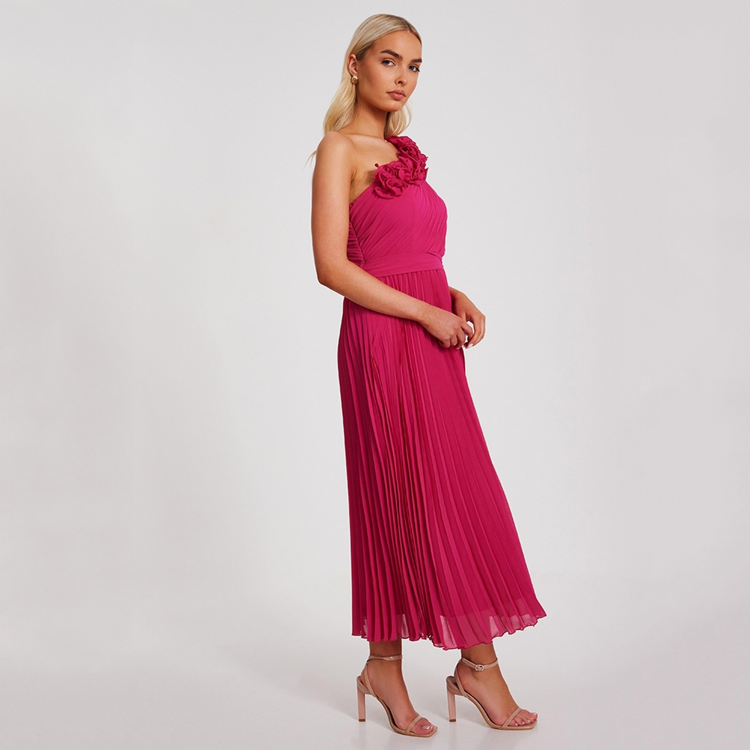 Quiz 3D Floral Chiffon One-Shoulder Pleated Women's Midi Dress-women-clothing-dresses-image-2