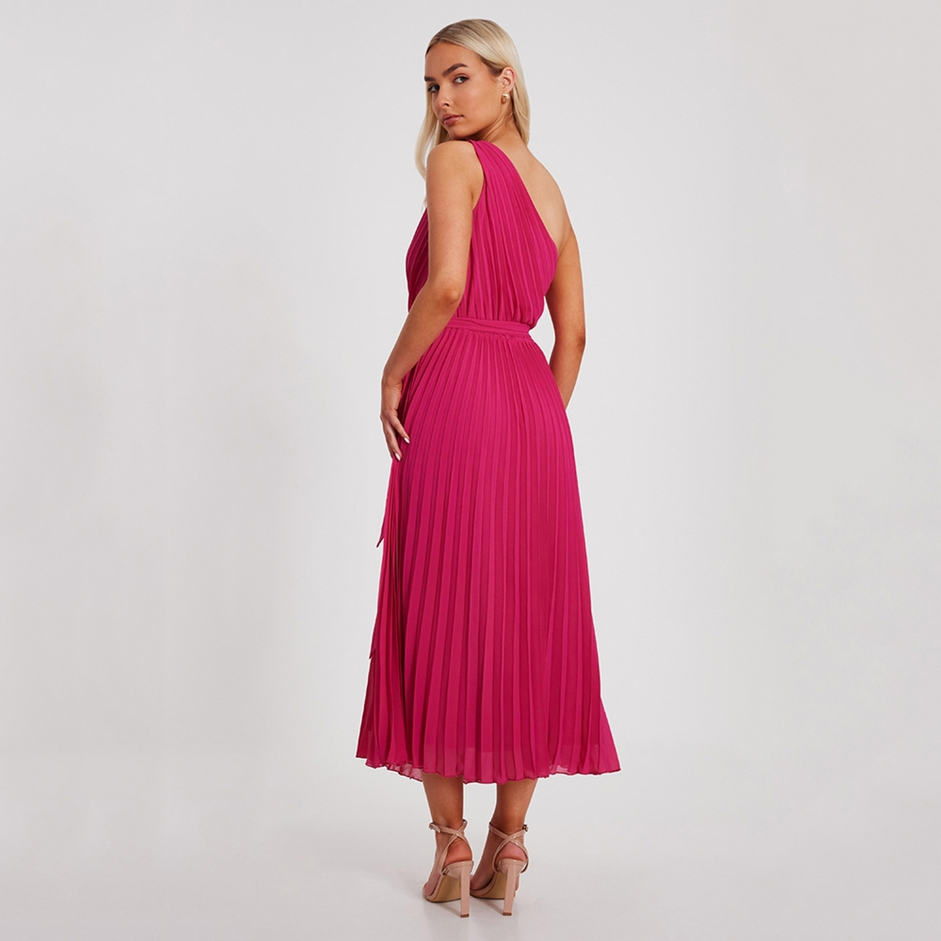 Quiz 3D Floral Chiffon One-Shoulder Pleated Women's Midi Dress-women-clothing-dresses-image-3