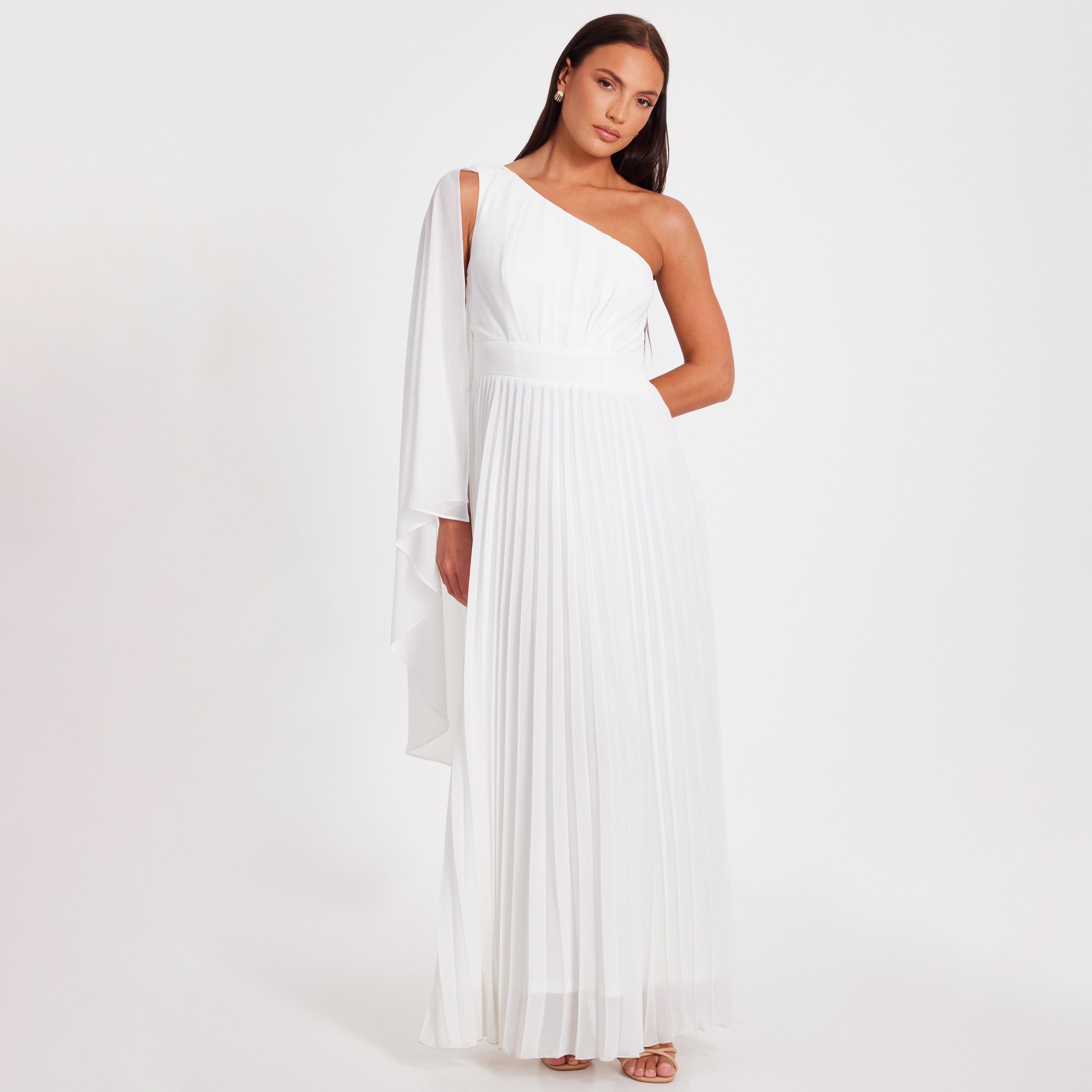 Quiz Chiffon One Shoulder Cape Sleeve Pleated White Women's Maxi Dress-women-clothing-dresses-image-1