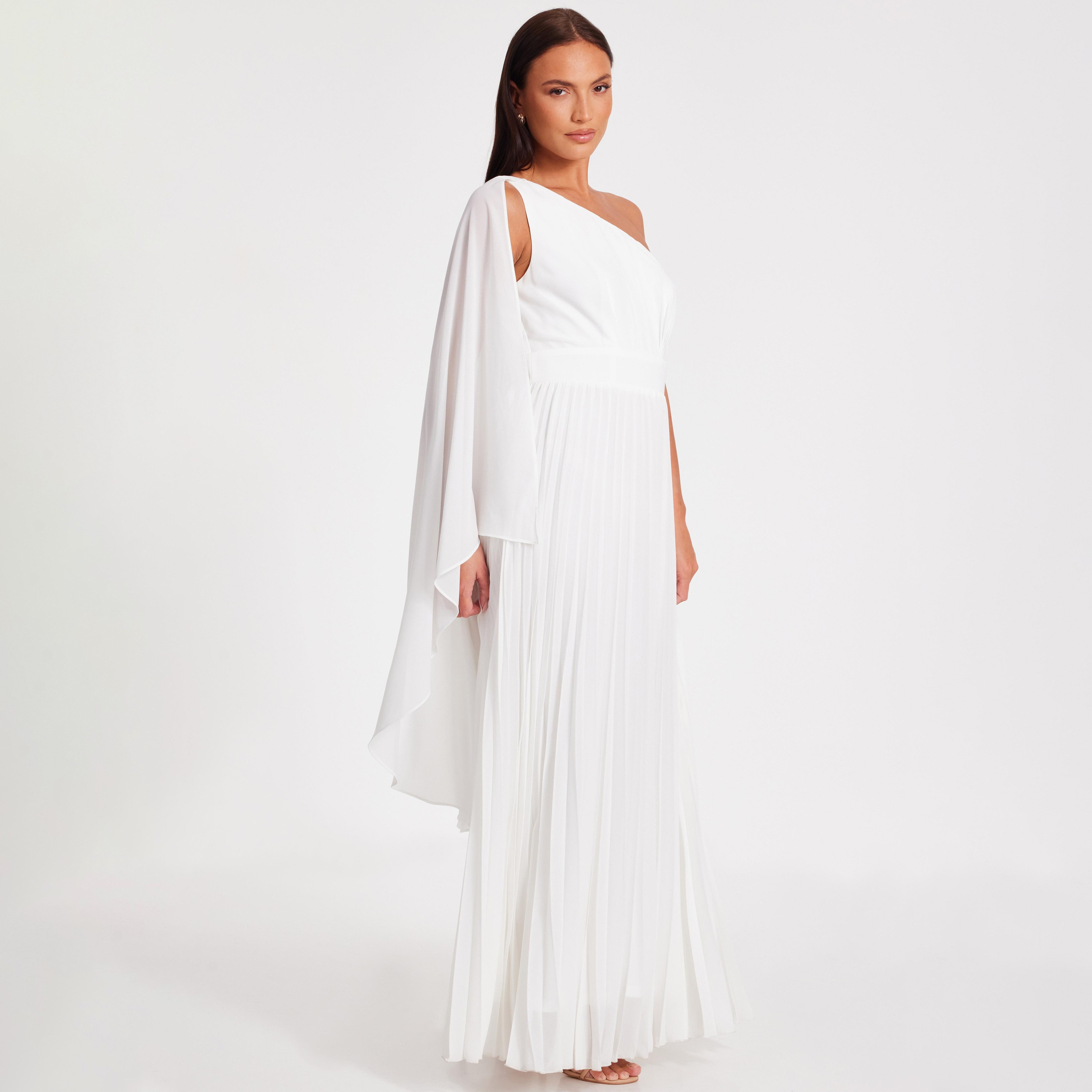 Quiz Chiffon One Shoulder Cape Sleeve Pleated White Women's Maxi Dress-women-clothing-dresses-image-2
