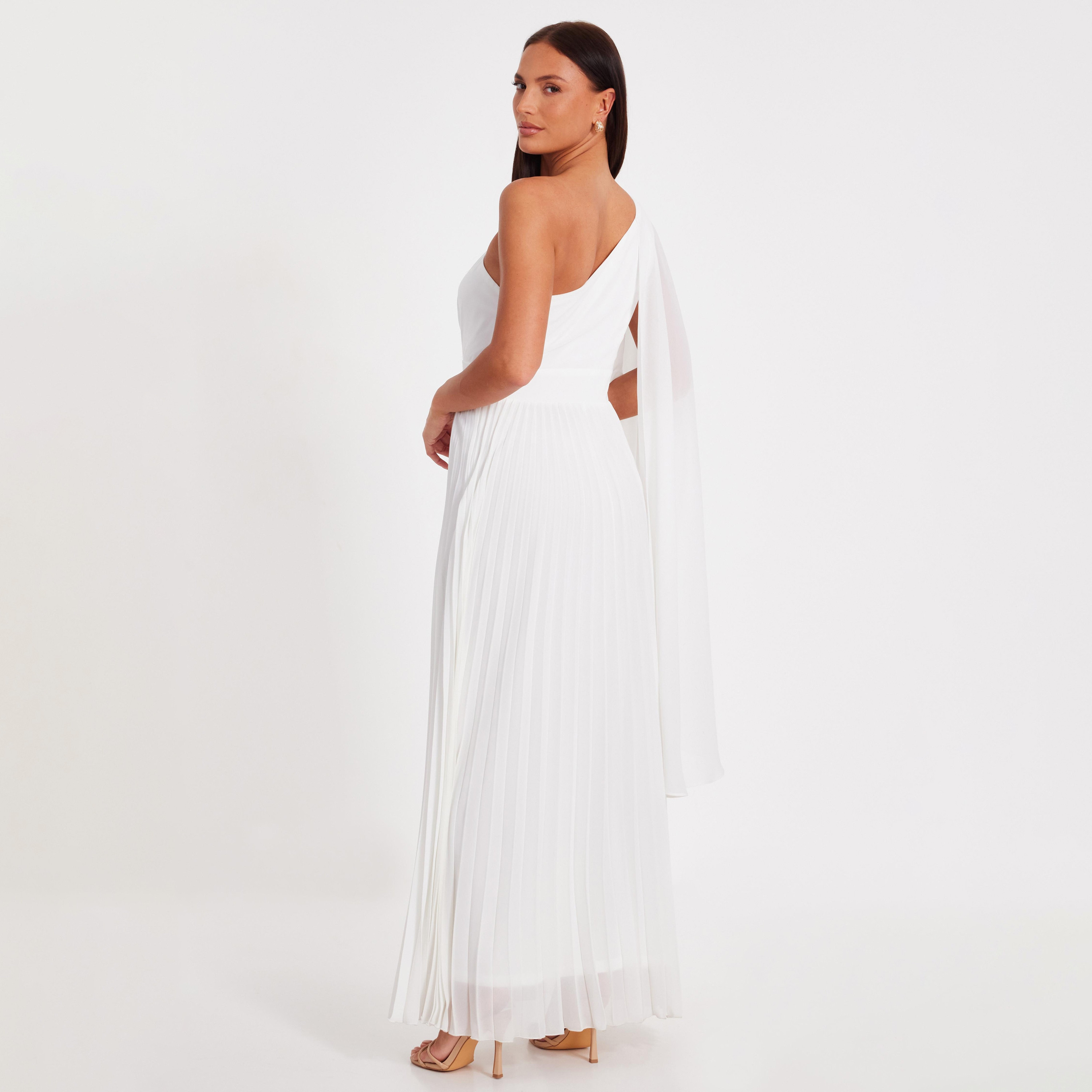 Quiz Chiffon One Shoulder Cape Sleeve Pleated White Women's Maxi Dress-women-clothing-dresses-image-3