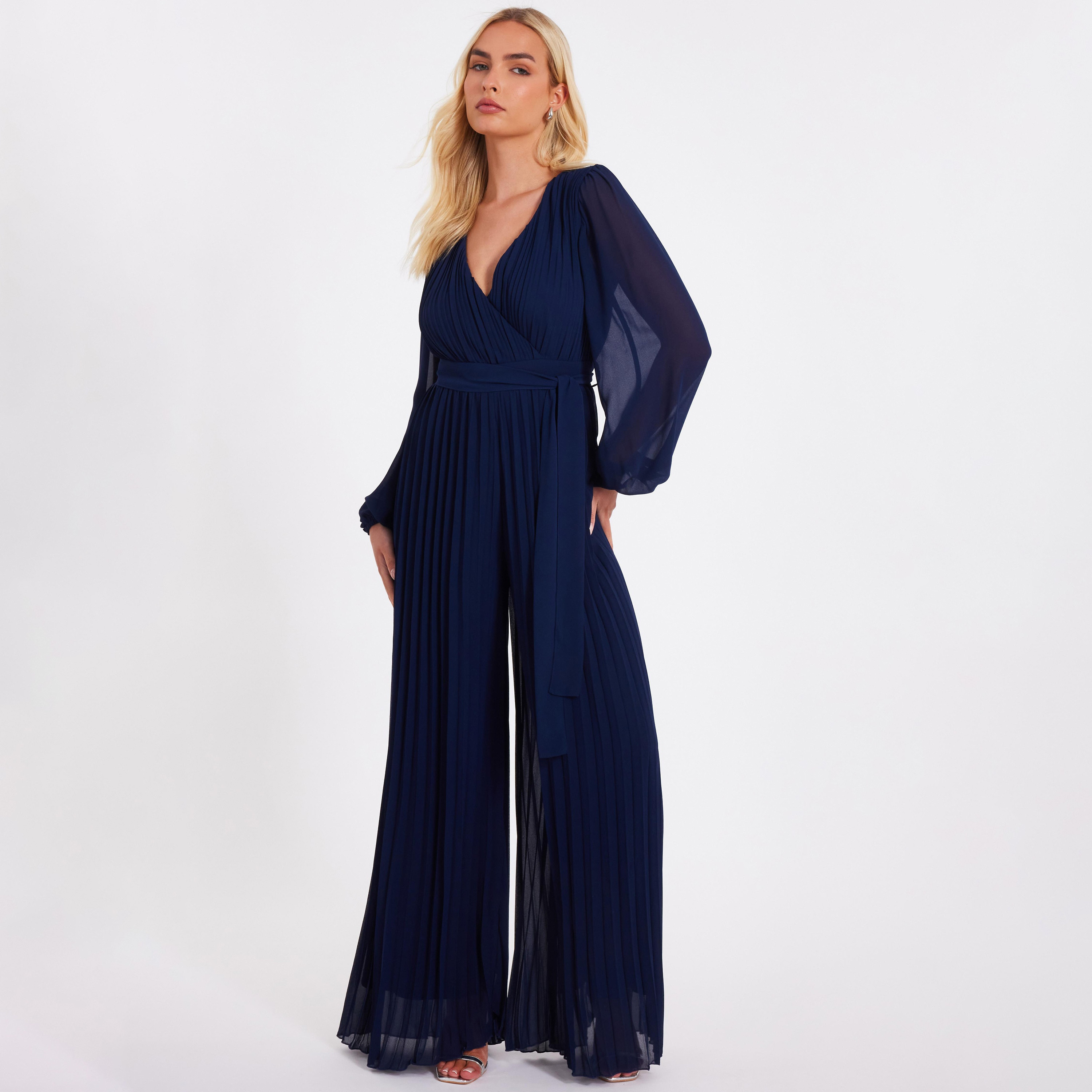 جمبسوت نسائي بتصميم ملفوف بأكمام منفوخة من الشيفون المطوي من كويز-women-clothing-jumpsuits-image-1