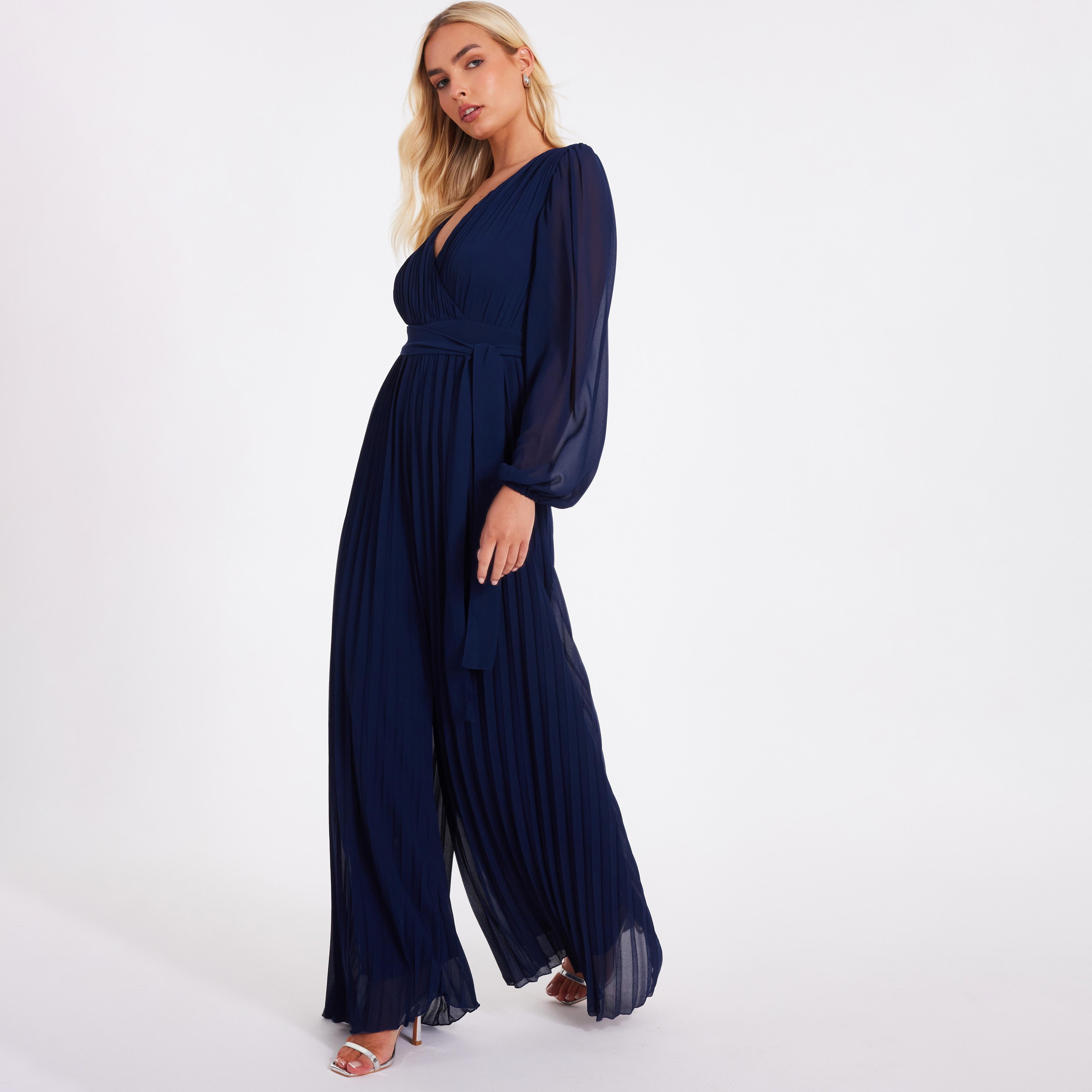 جمبسوت نسائي بتصميم ملفوف بأكمام منفوخة من الشيفون المطوي من كويز-women-clothing-jumpsuits-image-2