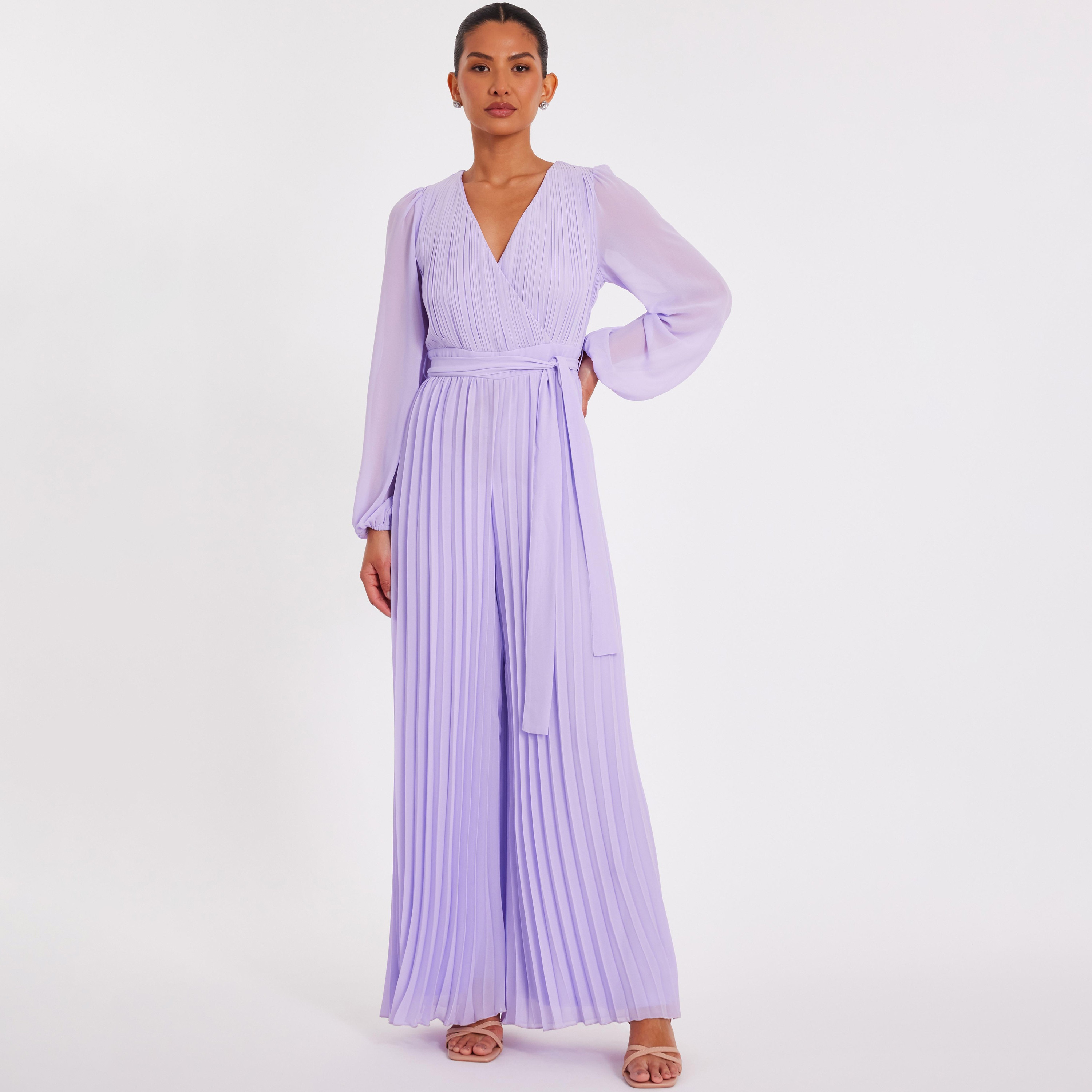 جمبسوت نسائي بتصميم ملفوف بأكمام منفوخة من الشيفون المطوي من كويز-women-clothing-jumpsuits-image-1