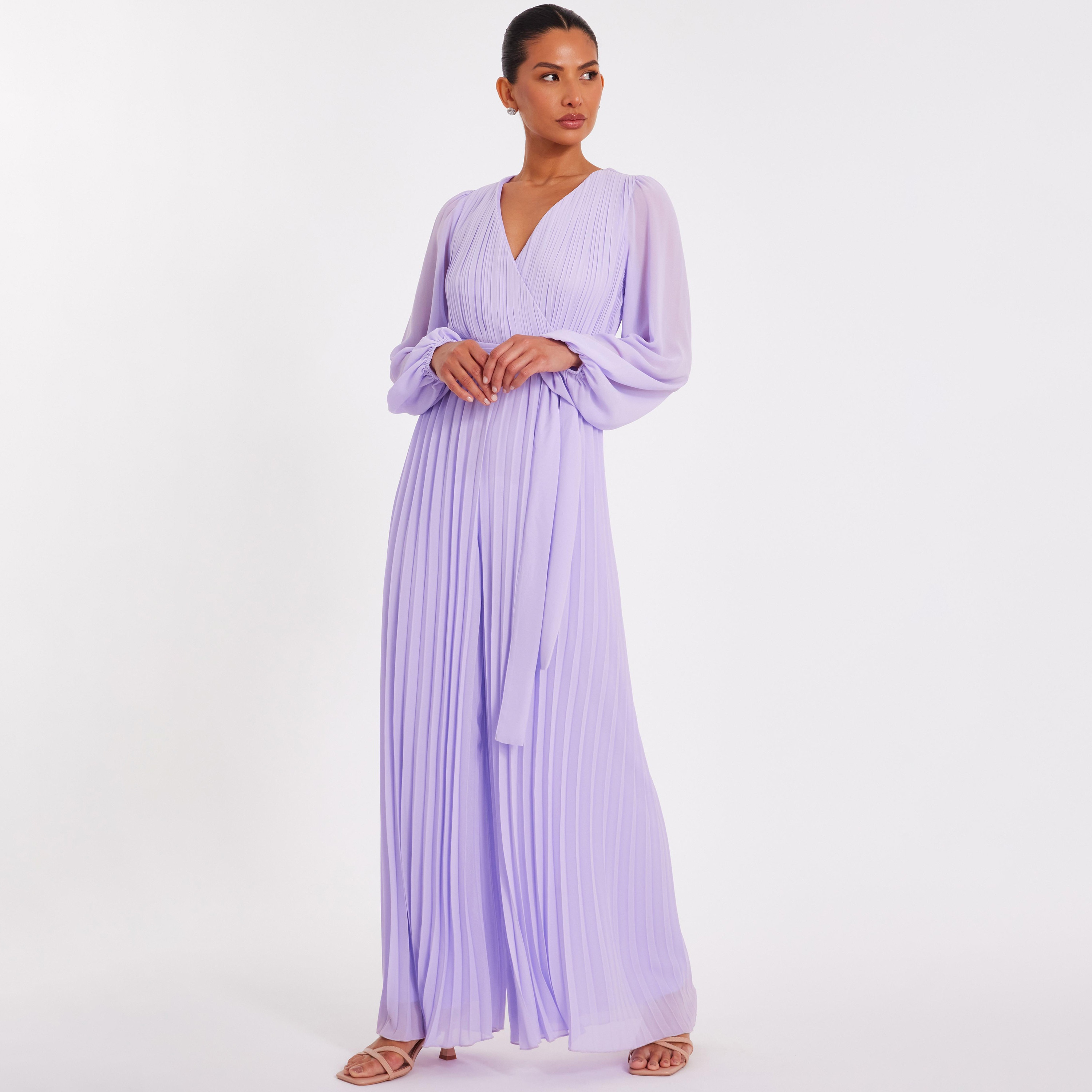 جمبسوت نسائي بتصميم ملفوف بأكمام منفوخة من الشيفون المطوي من كويز-women-clothing-jumpsuits-image-2