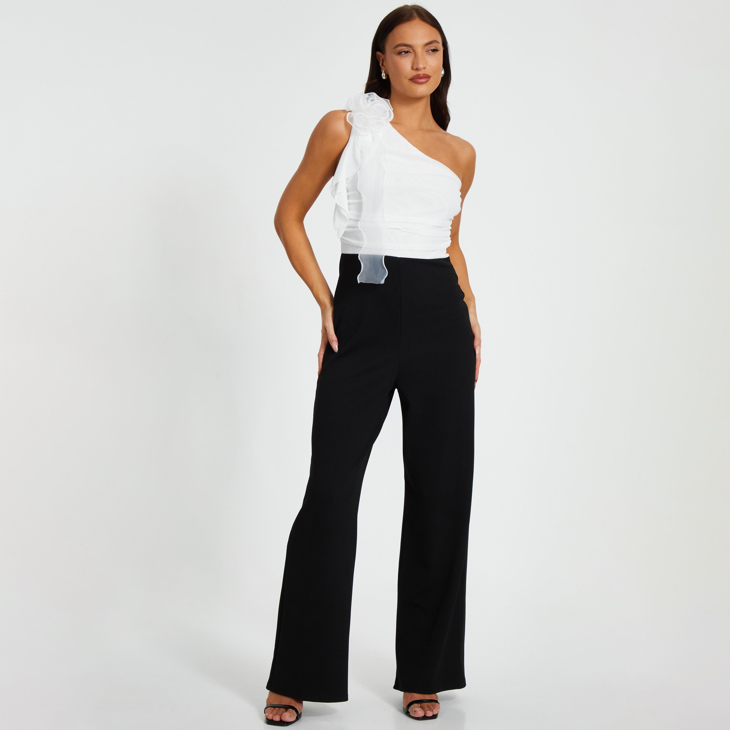 Quiz Black Ruffle One Shoulder Scuba Mesh Asymmetric Women's Jumpsuit-women-clothing-jumpsuits-image-1