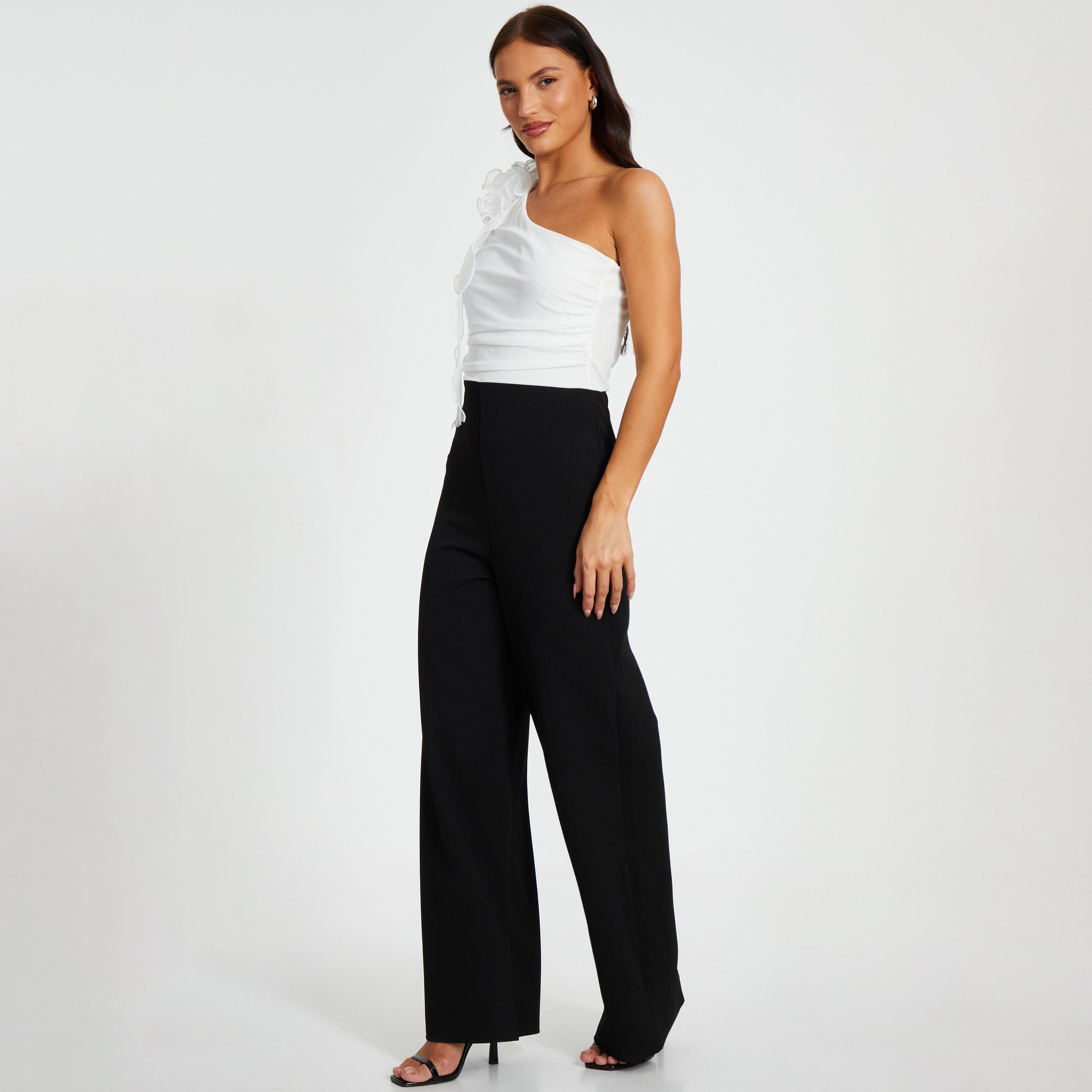 Quiz Black Ruffle One Shoulder Scuba Mesh Asymmetric Women's Jumpsuit-women-clothing-jumpsuits-image-2
