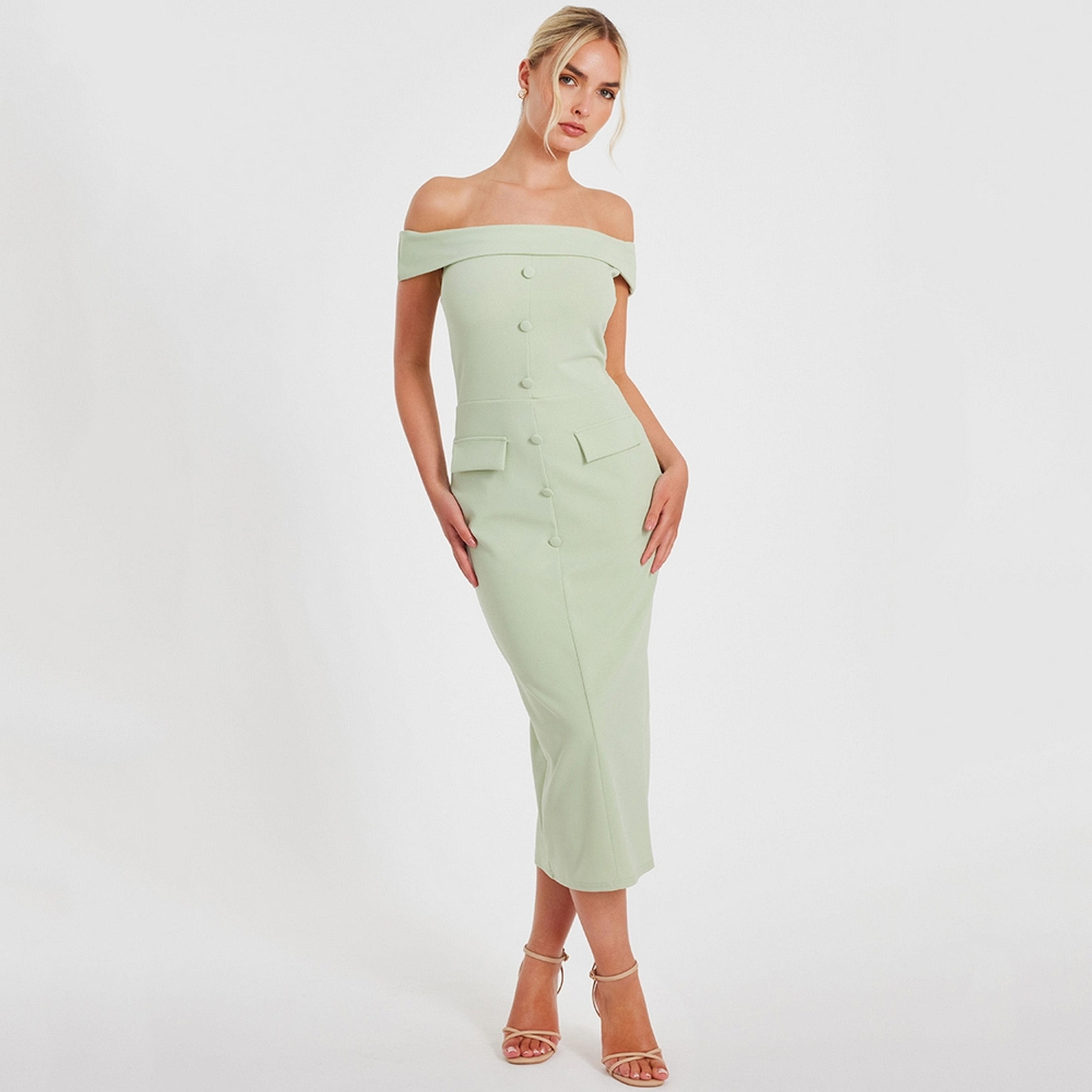 فستان ميدي نسائي أخضر بتصميم بوديكون بياقة باردو من قماش سكوبا كريب من كويز.-women-clothing-dresses-image-1