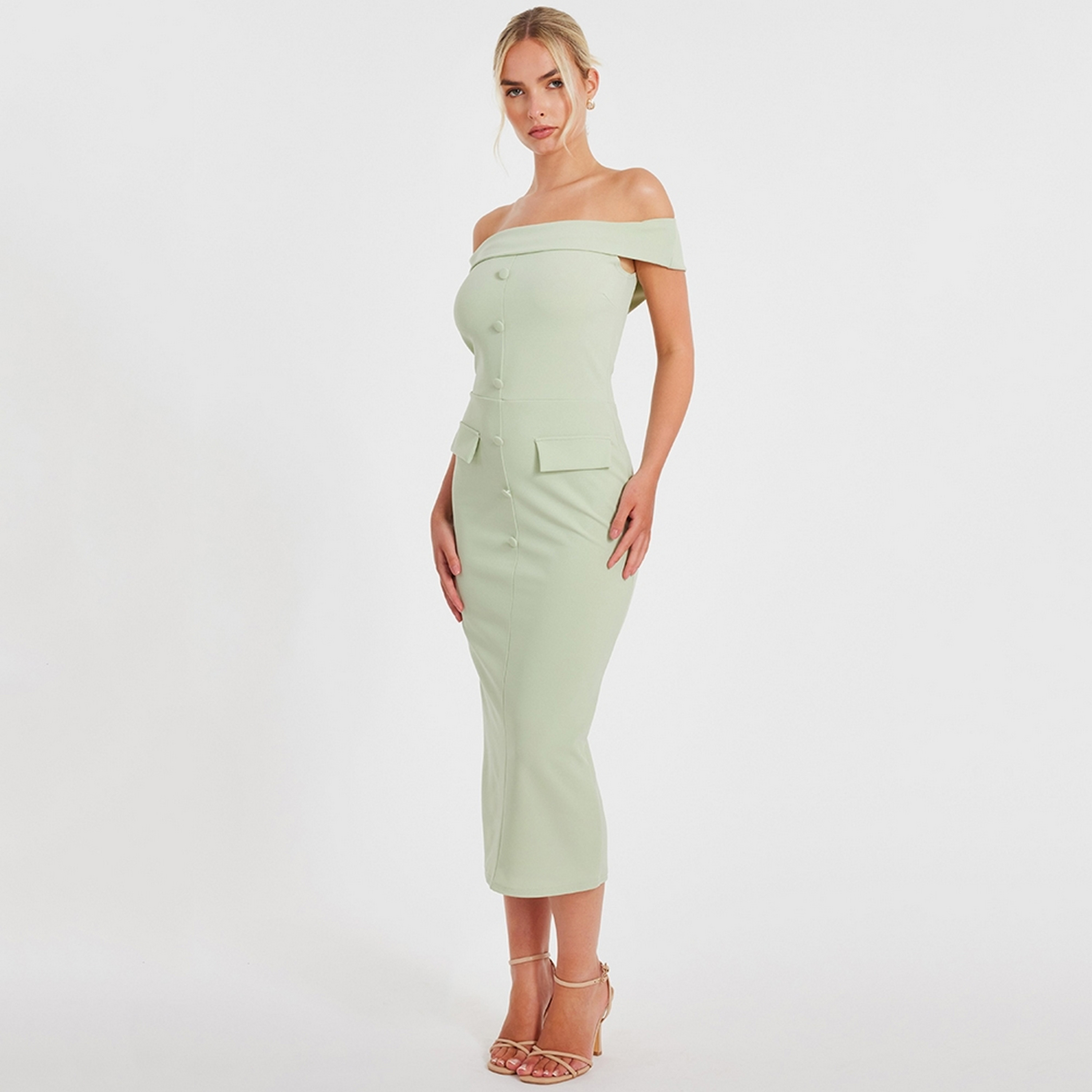 Quiz Scuba Crepe Bardot Bodycon Green Women's Midi Dress-women-clothing-dresses-image-2
