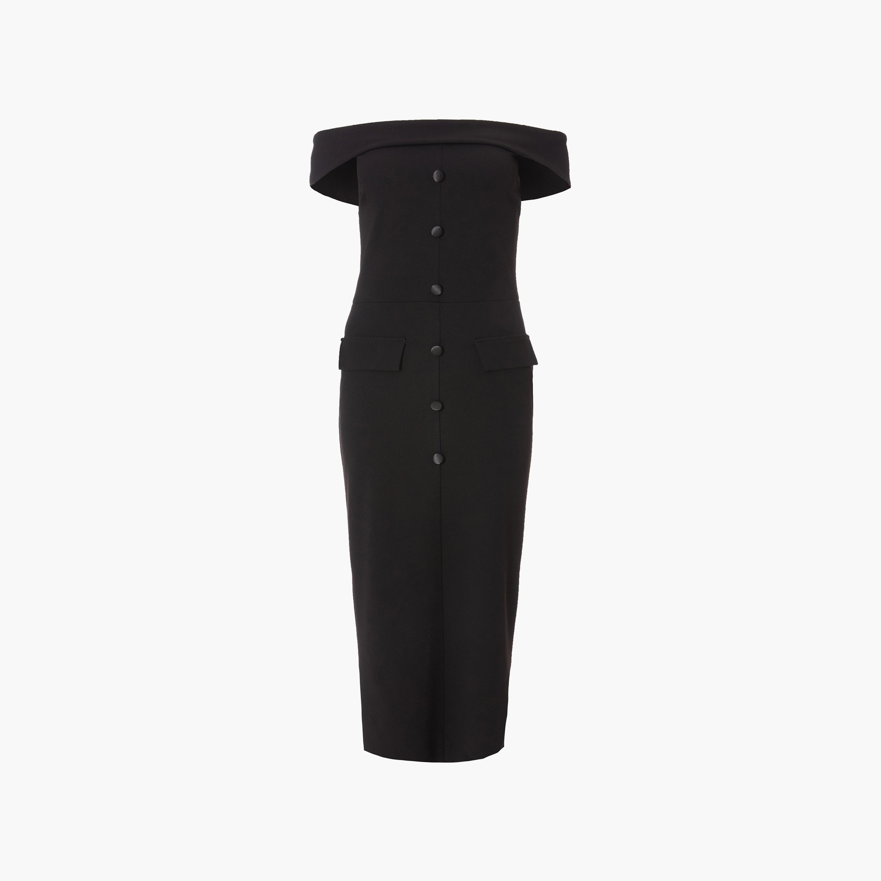 فستان ساتان متوسط الطول بفتحة صدر باردة وضيقة للنساء باللون الأسود من كويز-women-clothing-dresses-image-5