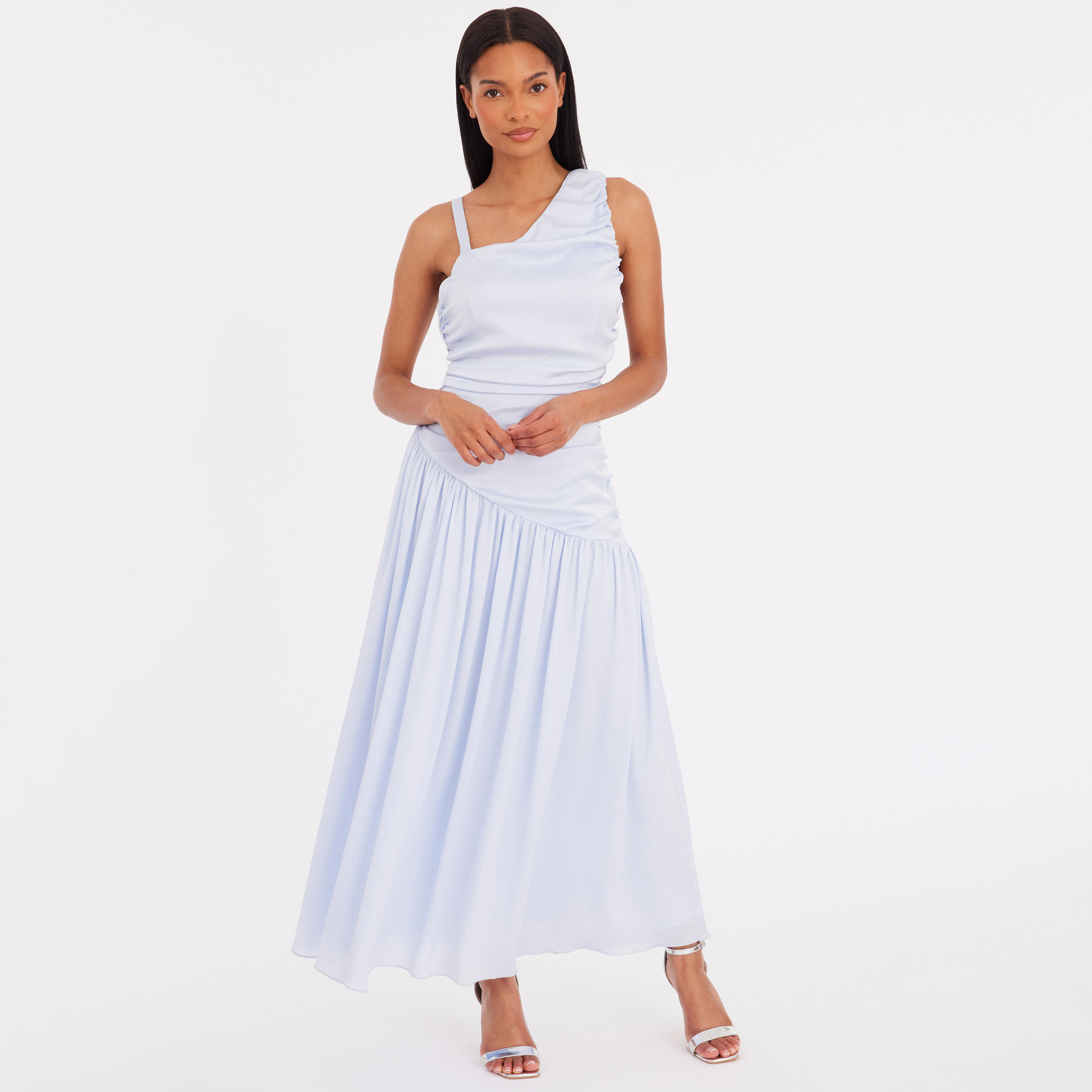 فستان نسائي بكتف واحد من الساتان المكسر - أزرق فاتح من كويز-women-clothing-dresses-image-1