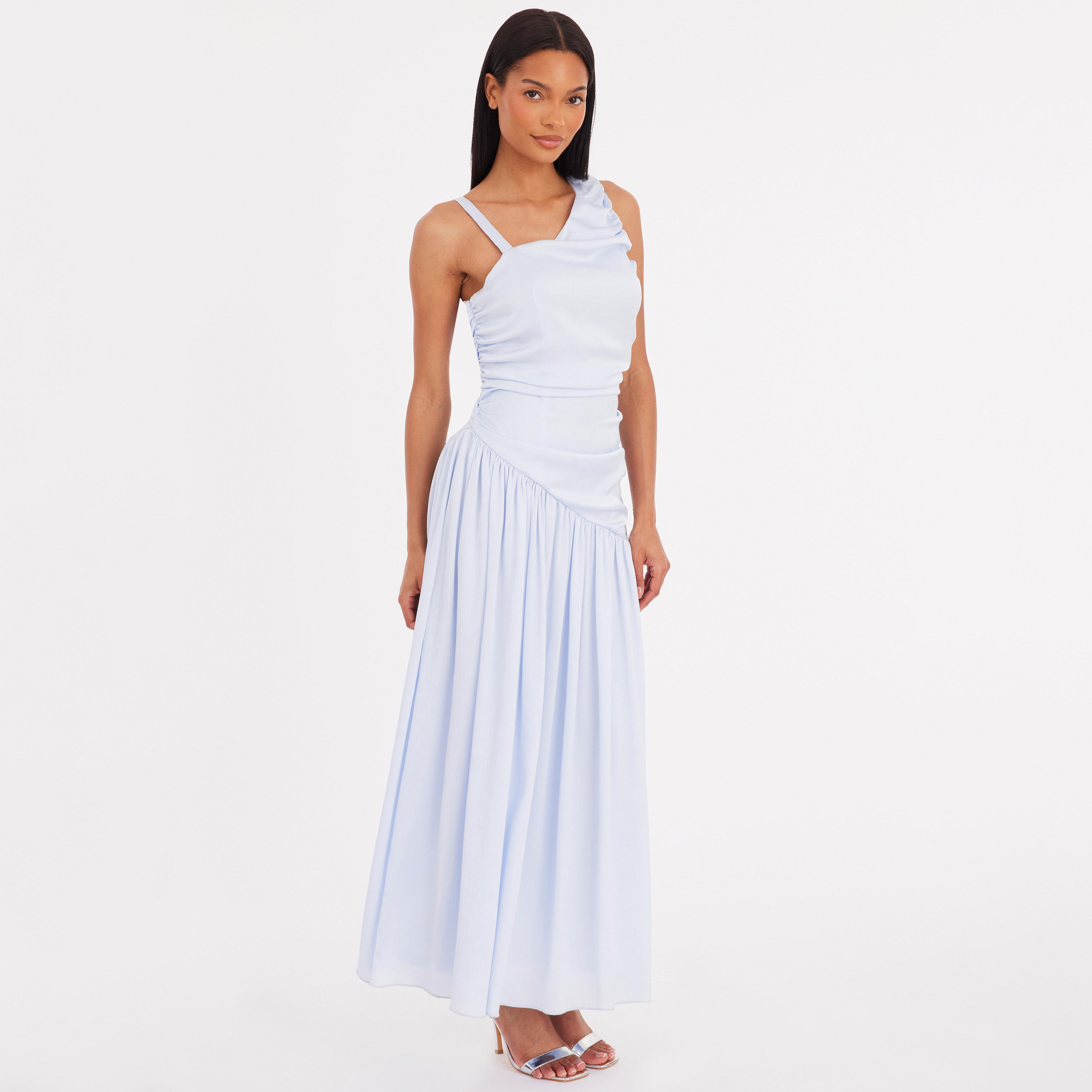 فستان نسائي بكتف واحد من الساتان المكسر - أزرق فاتح من كويز-women-clothing-dresses-image-2