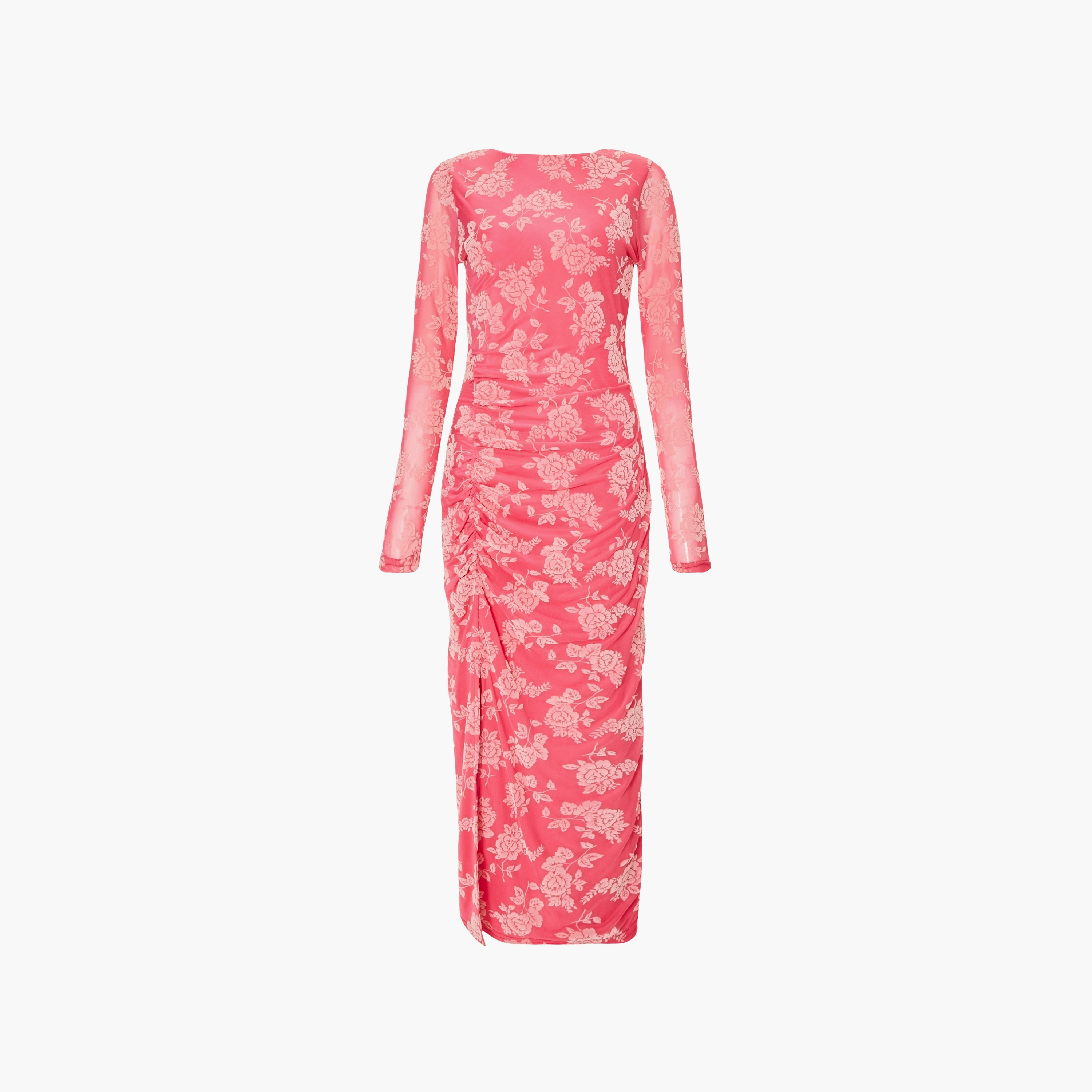 فستان ماكسي نسائي ضيق من القماش الشبكي المزهر باللون الوردي من كويز-women-clothing-dresses-image-5