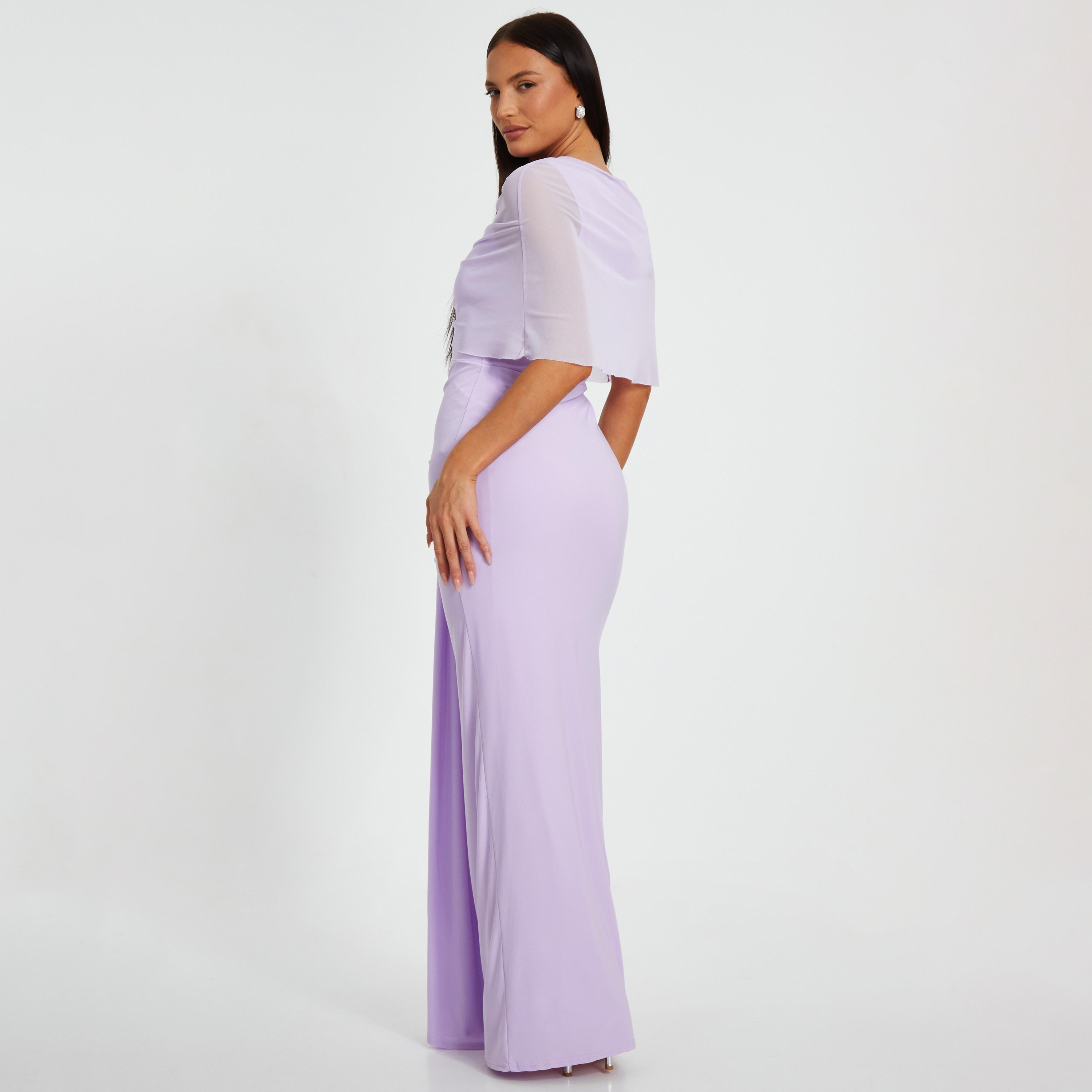 فستان ماكسي نسائي أرجواني بأكمام شفافة من إتي بتصميم كيب من كويز-women-clothing-dresses-image-3