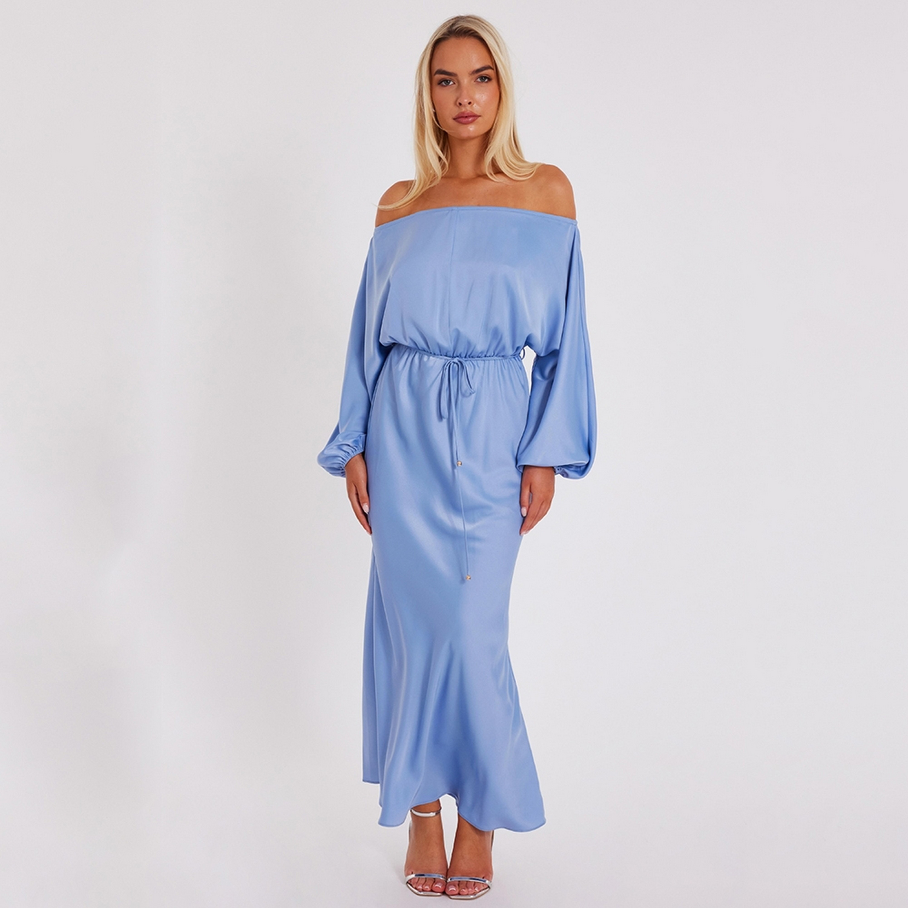 Quiz Satin Bardot Balloon Sleeves Blouson Blue Women's Maxi Dress-women-clothing-dresses-image-1