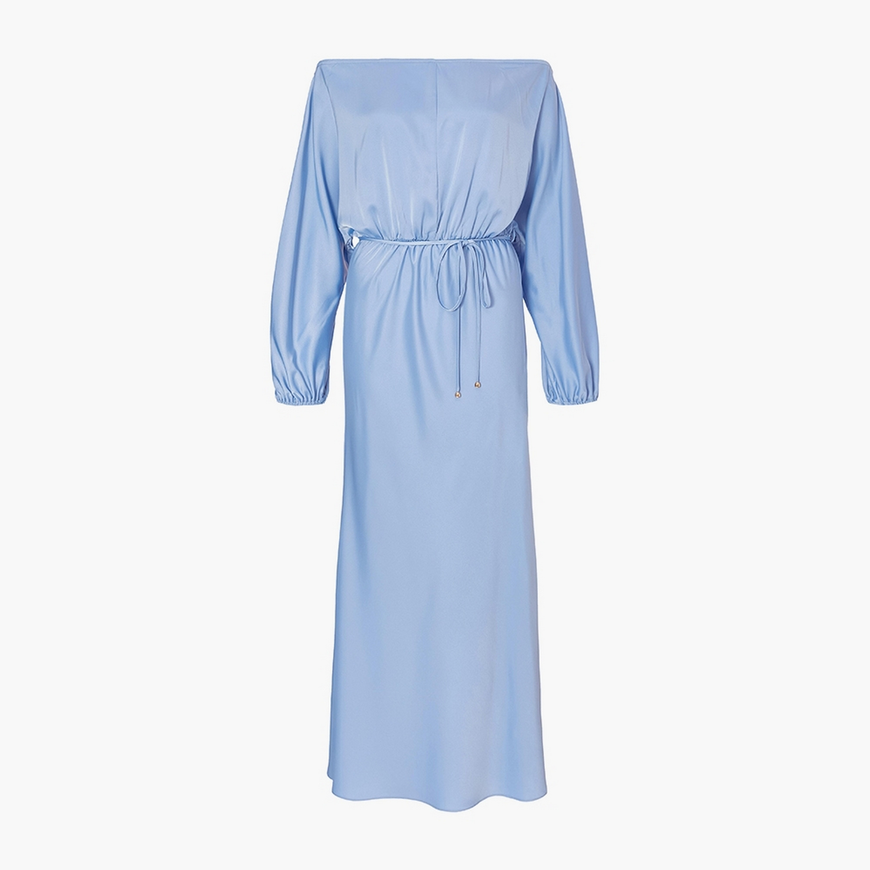 فستان ماكسي نسائي أزرق بتصميم بلوزون بياقة باردو وأكمام بالون من الساتان من كويز.-women-clothing-dresses-image-5