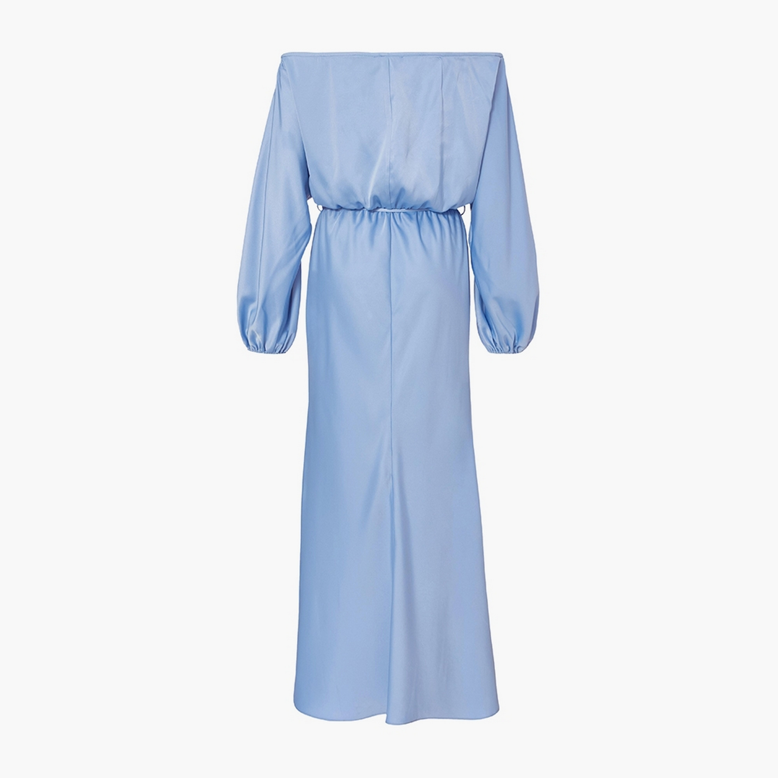 فستان ماكسي نسائي أزرق بتصميم بلوزون بياقة باردو وأكمام بالون من الساتان من كويز.-women-clothing-dresses-image-6