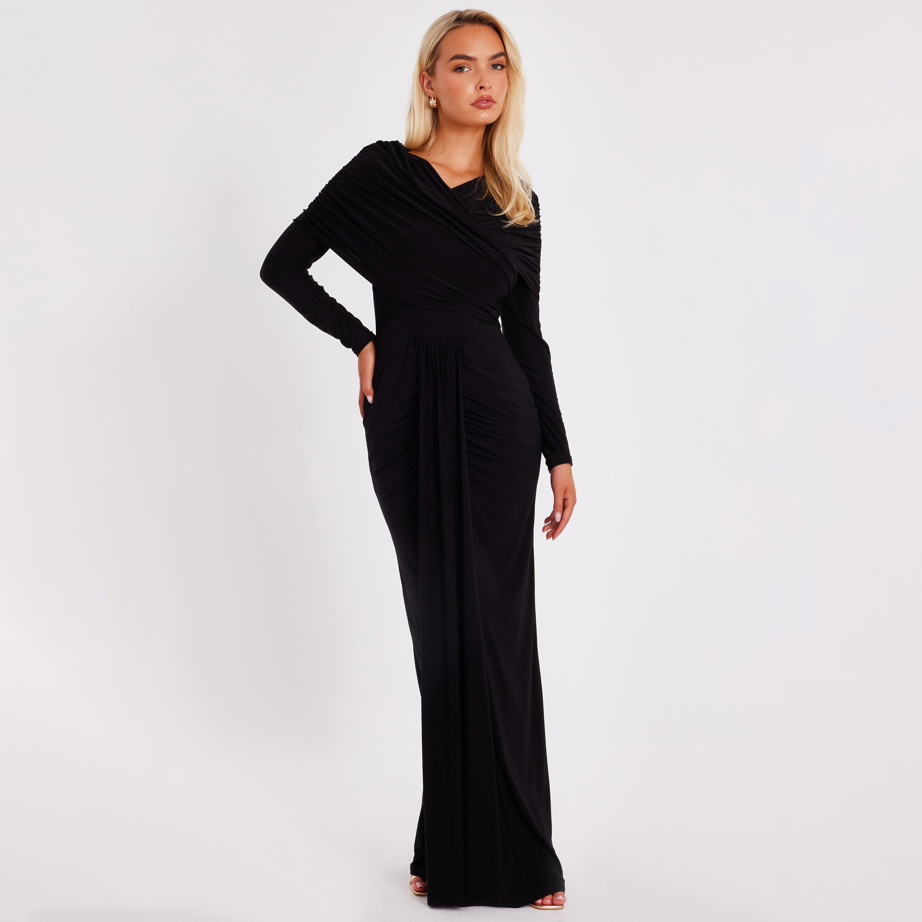 Quiz Draped ITY Surplice Neck Sheath Black Women's Evening Maxi Dress-women-clothing-dresses-image-1