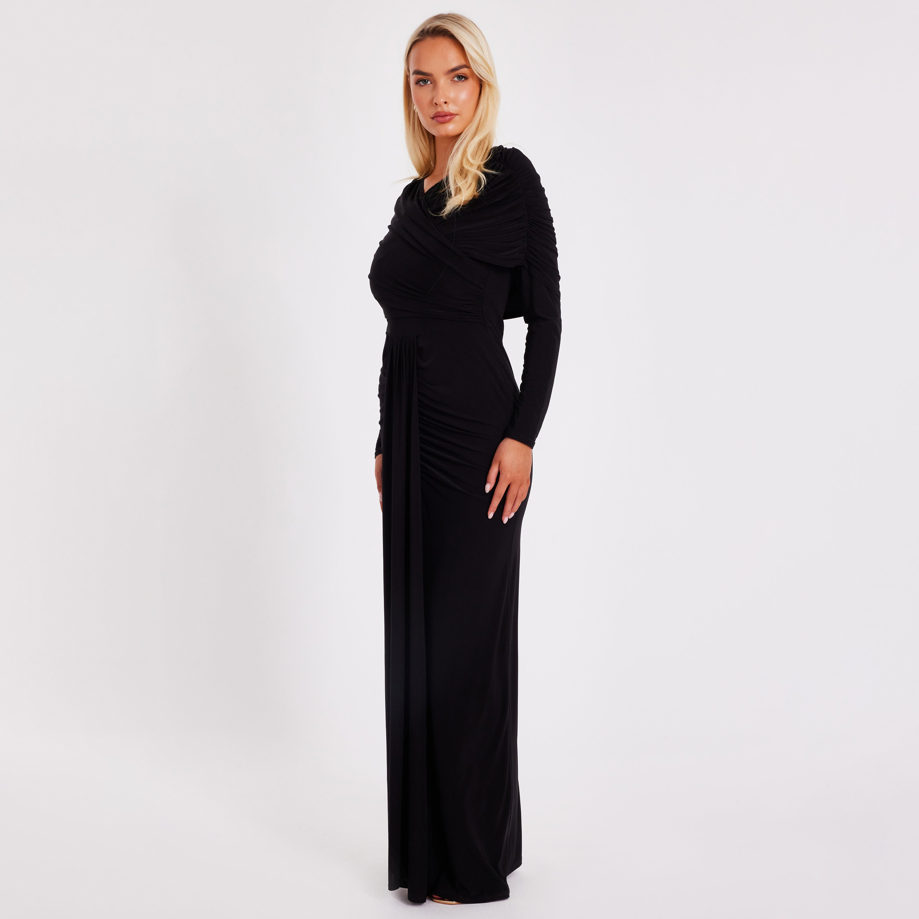 Quiz Draped ITY Surplice Neck Sheath Black Women's Evening Maxi Dress-women-clothing-dresses-image-2