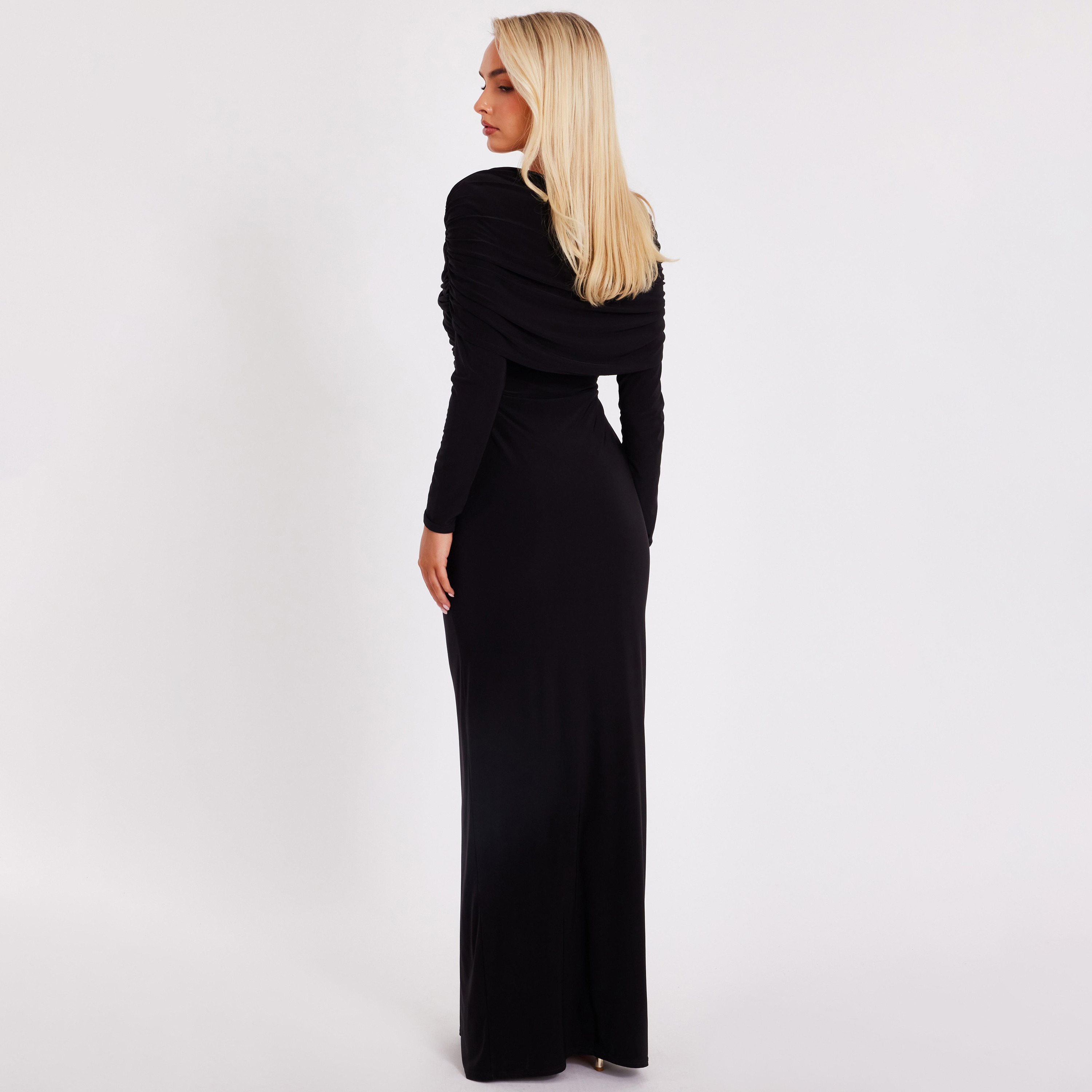 Quiz Draped ITY Surplice Neck Sheath Black Women's Evening Maxi Dress-women-clothing-dresses-image-3
