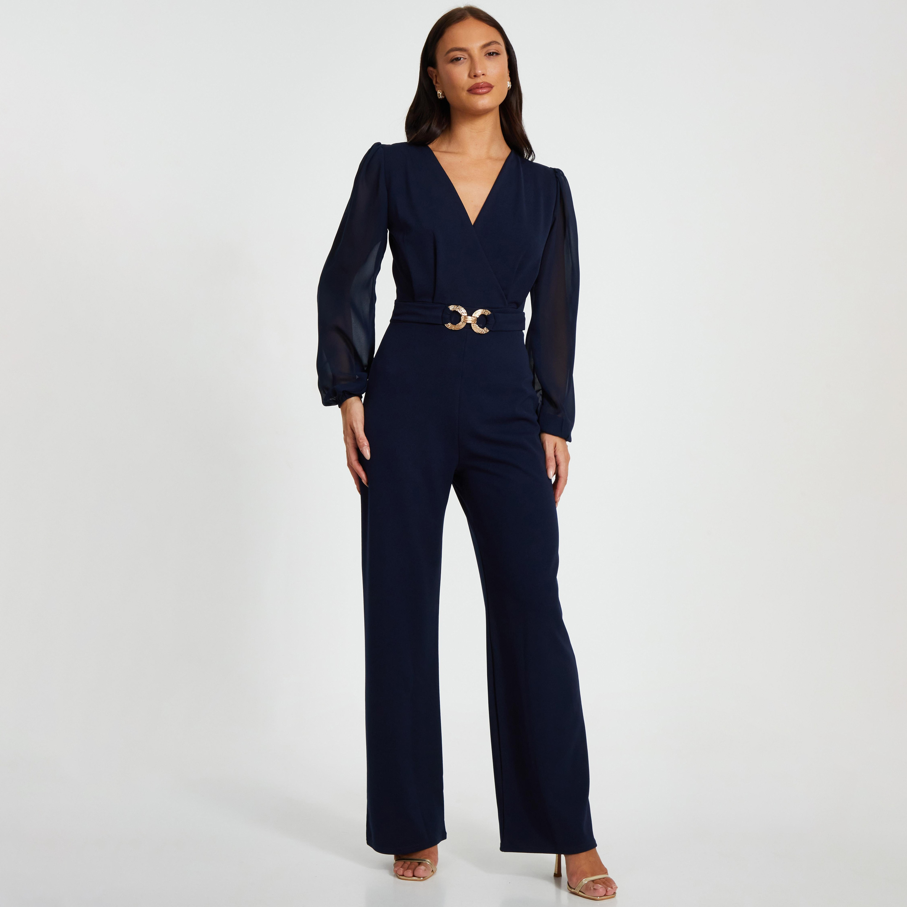 Quiz بذلة نسائية من الشيفون باللون الأزرق الداكن على طراز بالازو-women-clothing-jumpsuits-image-1