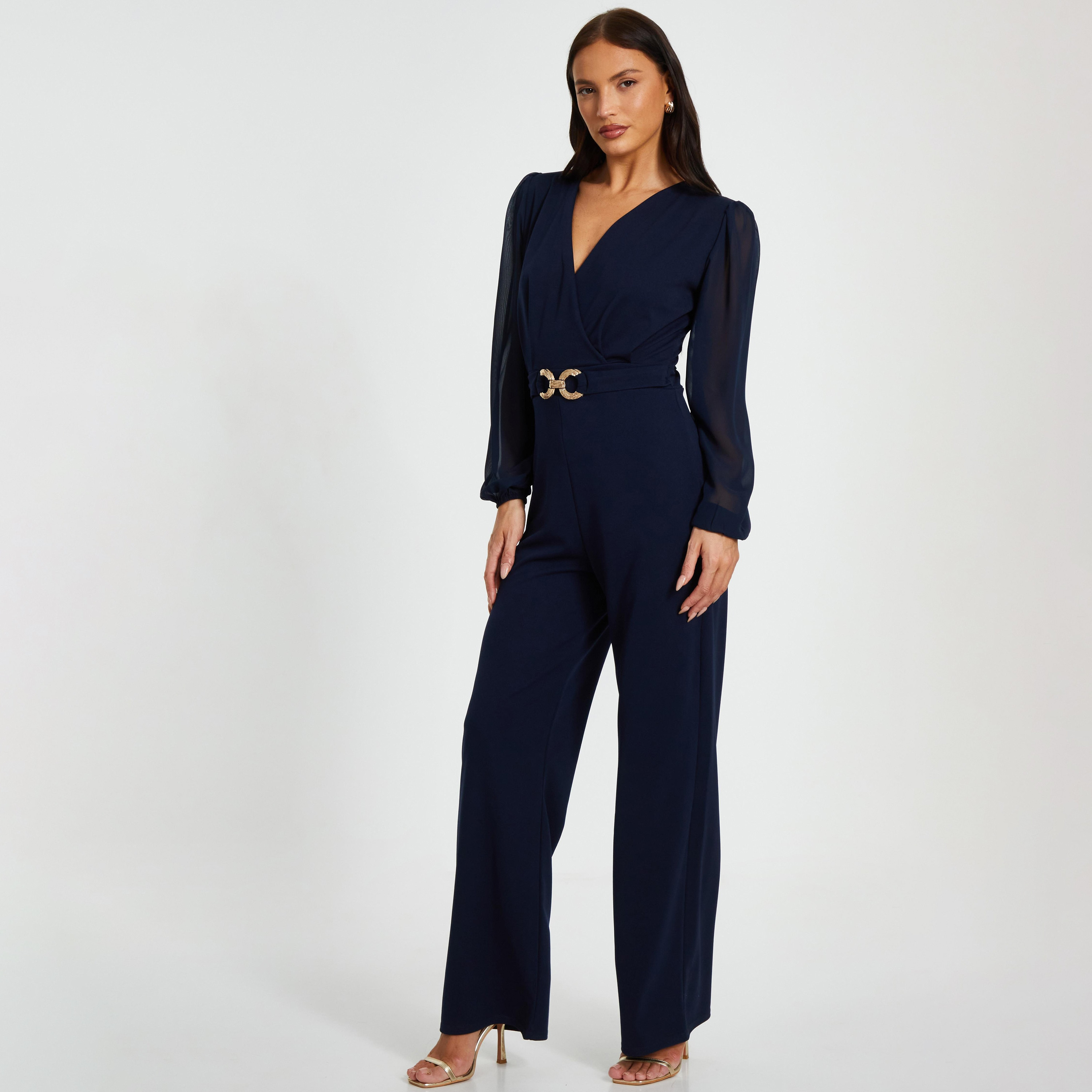 Quiz بذلة نسائية من الشيفون باللون الأزرق الداكن على طراز بالازو-women-clothing-jumpsuits-image-2