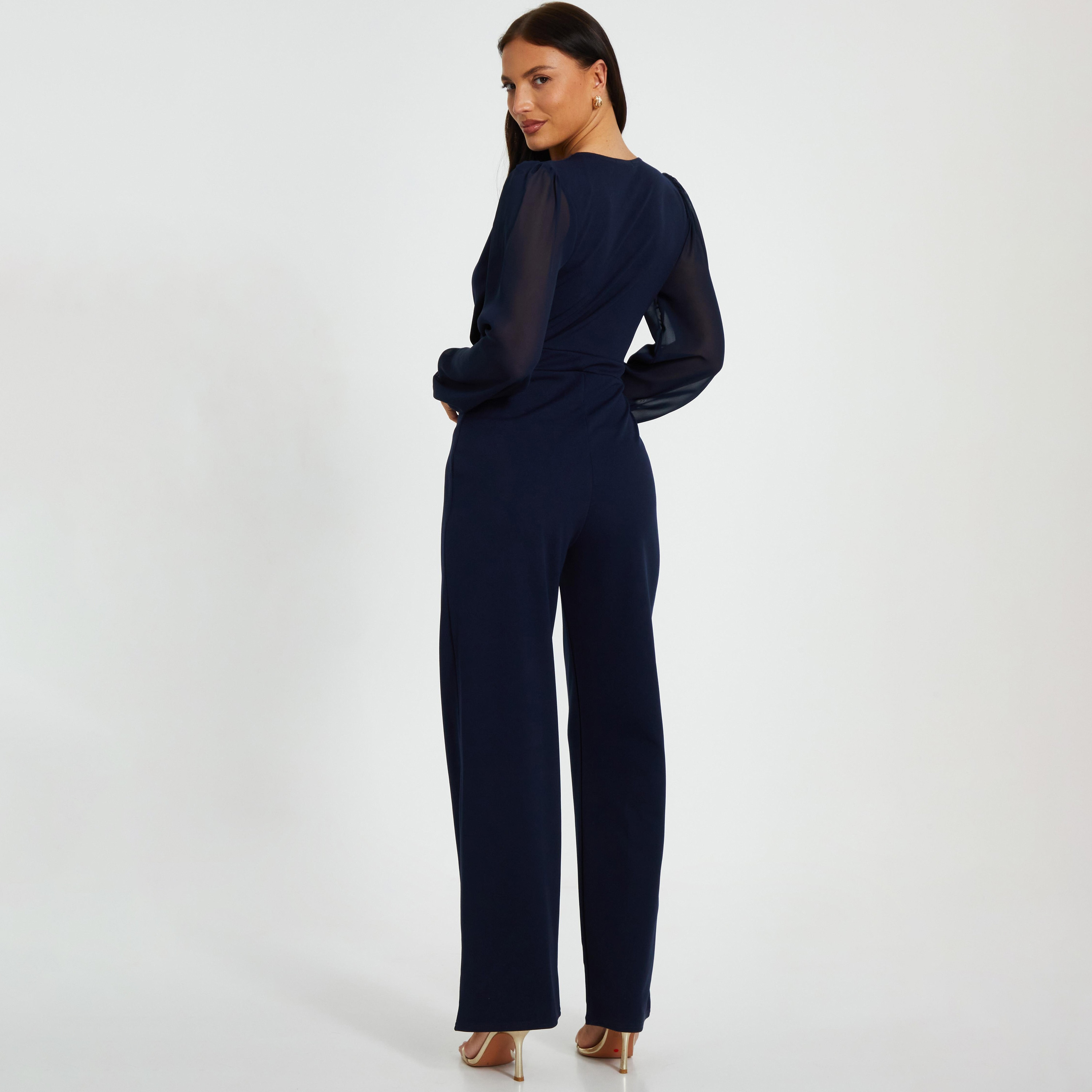 Quiz بذلة نسائية من الشيفون باللون الأزرق الداكن على طراز بالازو-women-clothing-jumpsuits-image-3