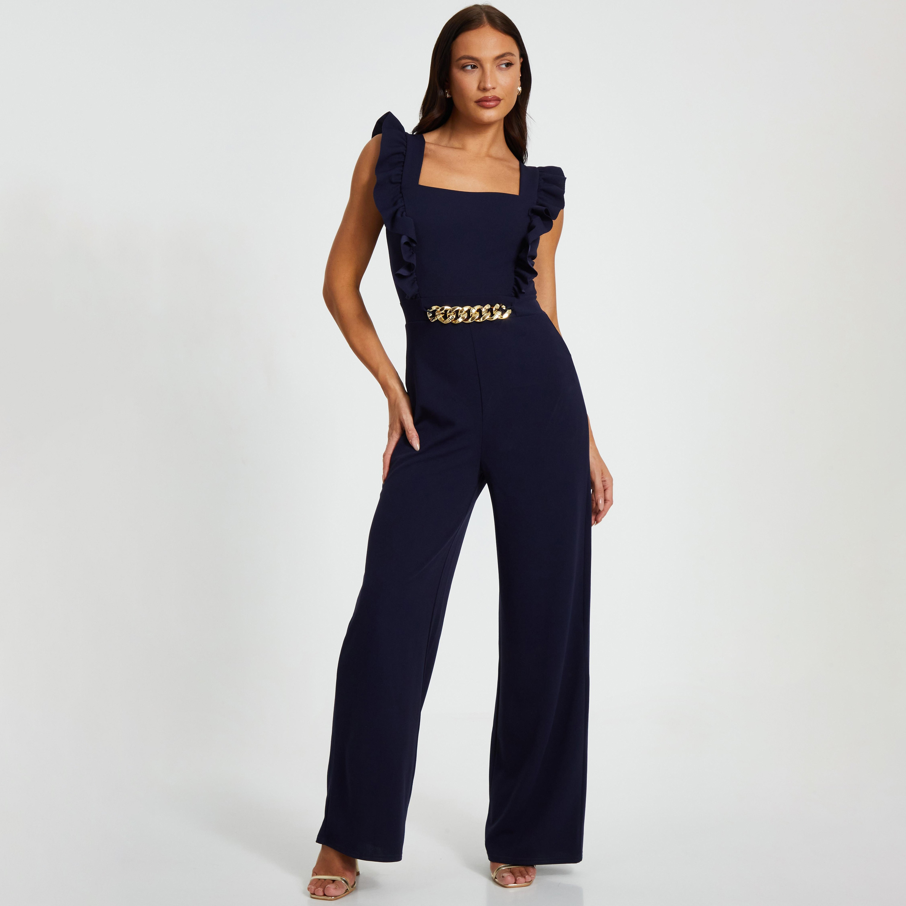 بذلة نسائية من Quiz باللون الأزرق الداكن مكشكشة سكوبا كريب برقبة مربعة-women-clothing-jumpsuits-image-1