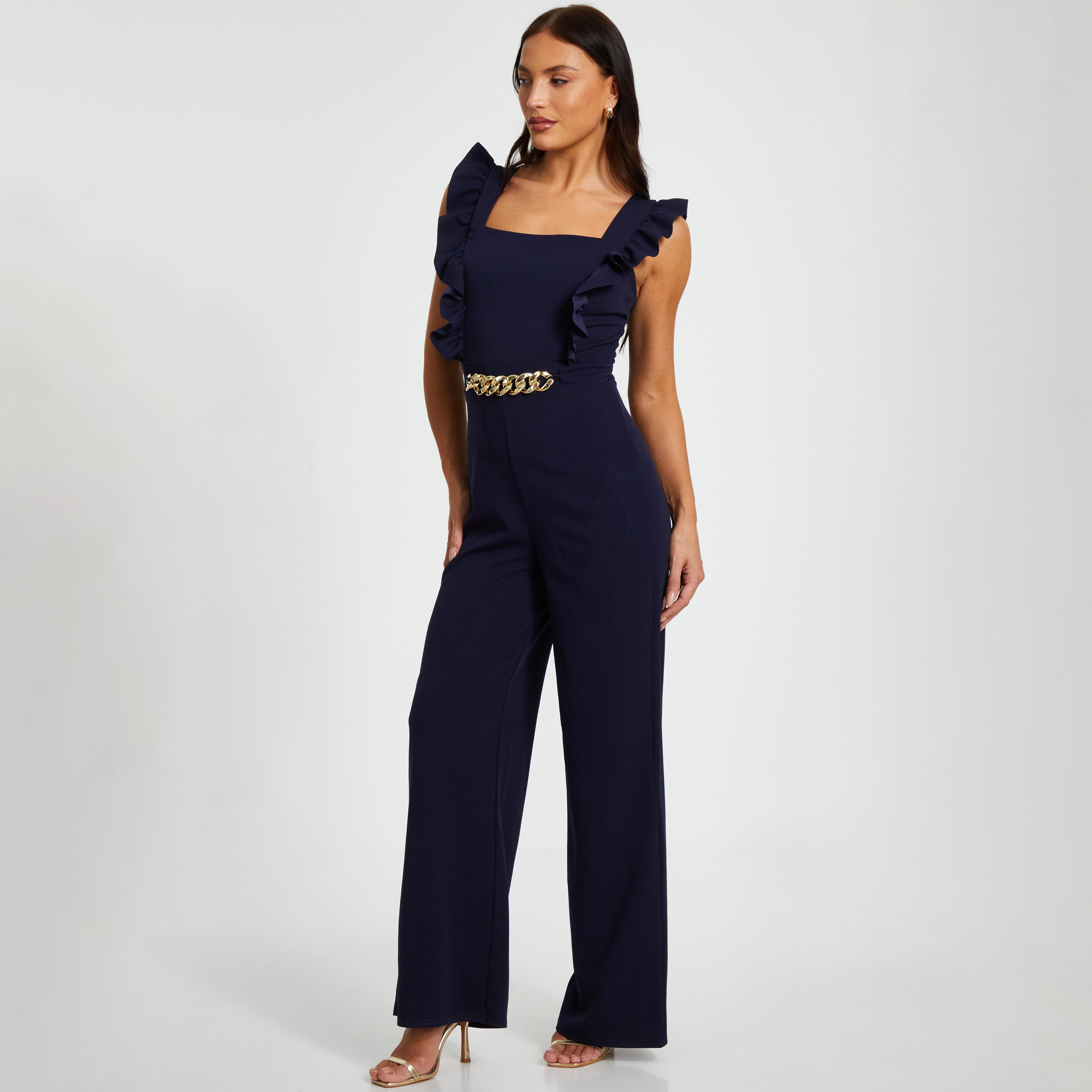 بذلة نسائية من Quiz باللون الأزرق الداكن مكشكشة سكوبا كريب برقبة مربعة-women-clothing-jumpsuits-image-2