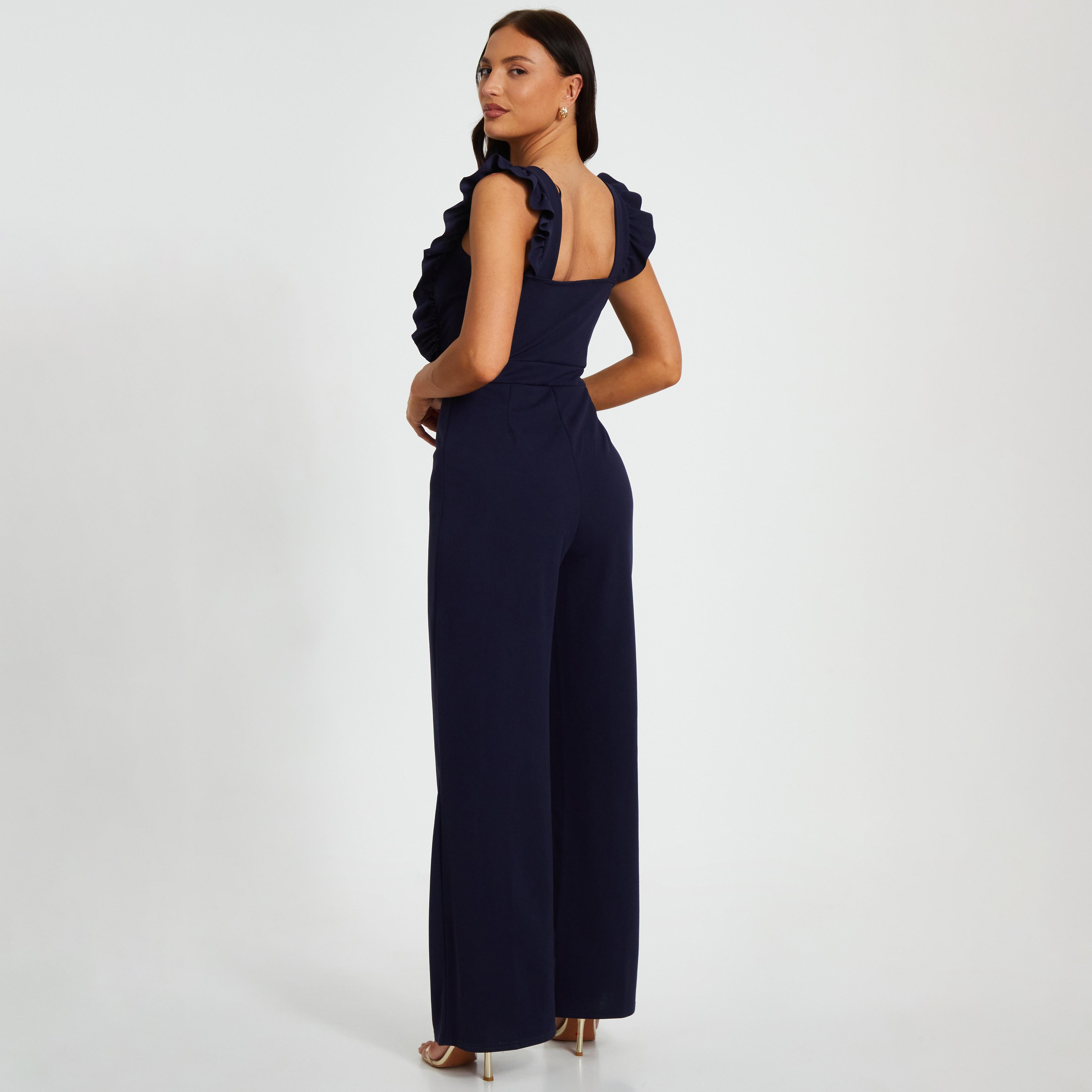 بذلة نسائية من Quiz باللون الأزرق الداكن مكشكشة سكوبا كريب برقبة مربعة-women-clothing-jumpsuits-image-3