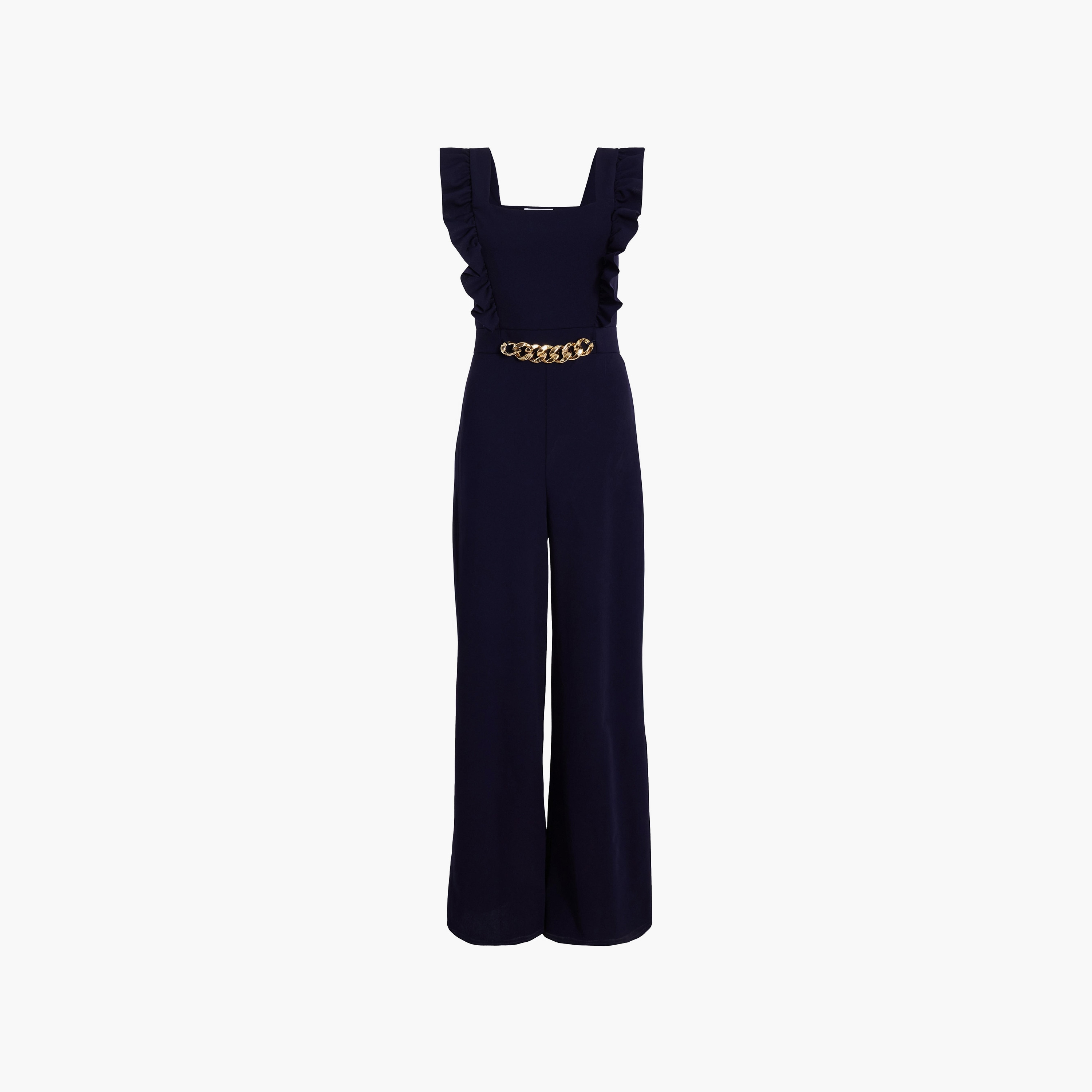 Quiz Navy Blue Ruffle Scuba Crepe Square Neck Women's Jumpsuit-women-clothing-jumpsuits-image-5