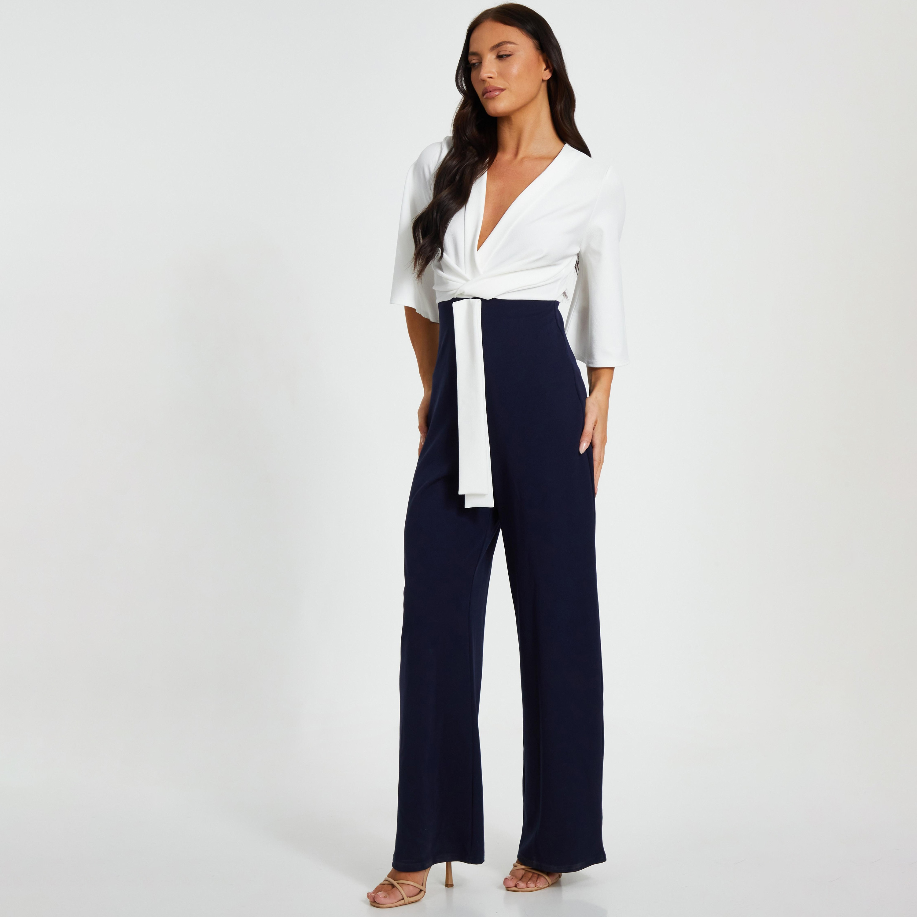Quiz Navy Blue Flared Sleeves 2-in 1 Womens Jumpsuit-women-clothing-jumpsuits-image-2