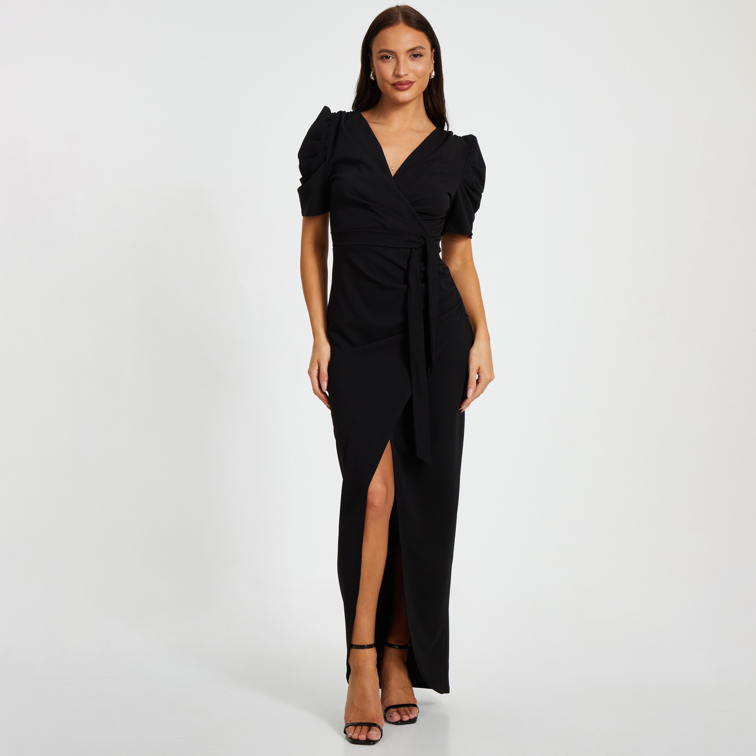 Quiz Black Scuba Crepe Puff Sleeves Wrap Women's Evening Maxi Dress-women-clothing-dresses-image-1
