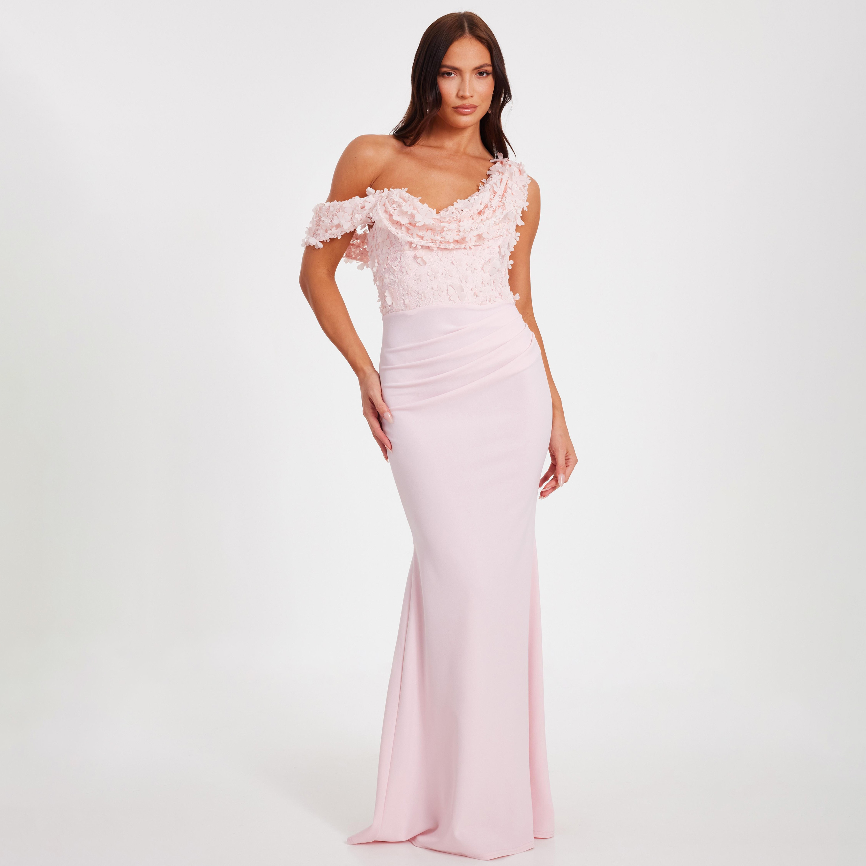 Quiz 3D Floral Jacquard Cowl Neck One-Shoulder Mermaid Baby Pink Women's Evening Maxi Dress-women-clothing-dresses-image-1