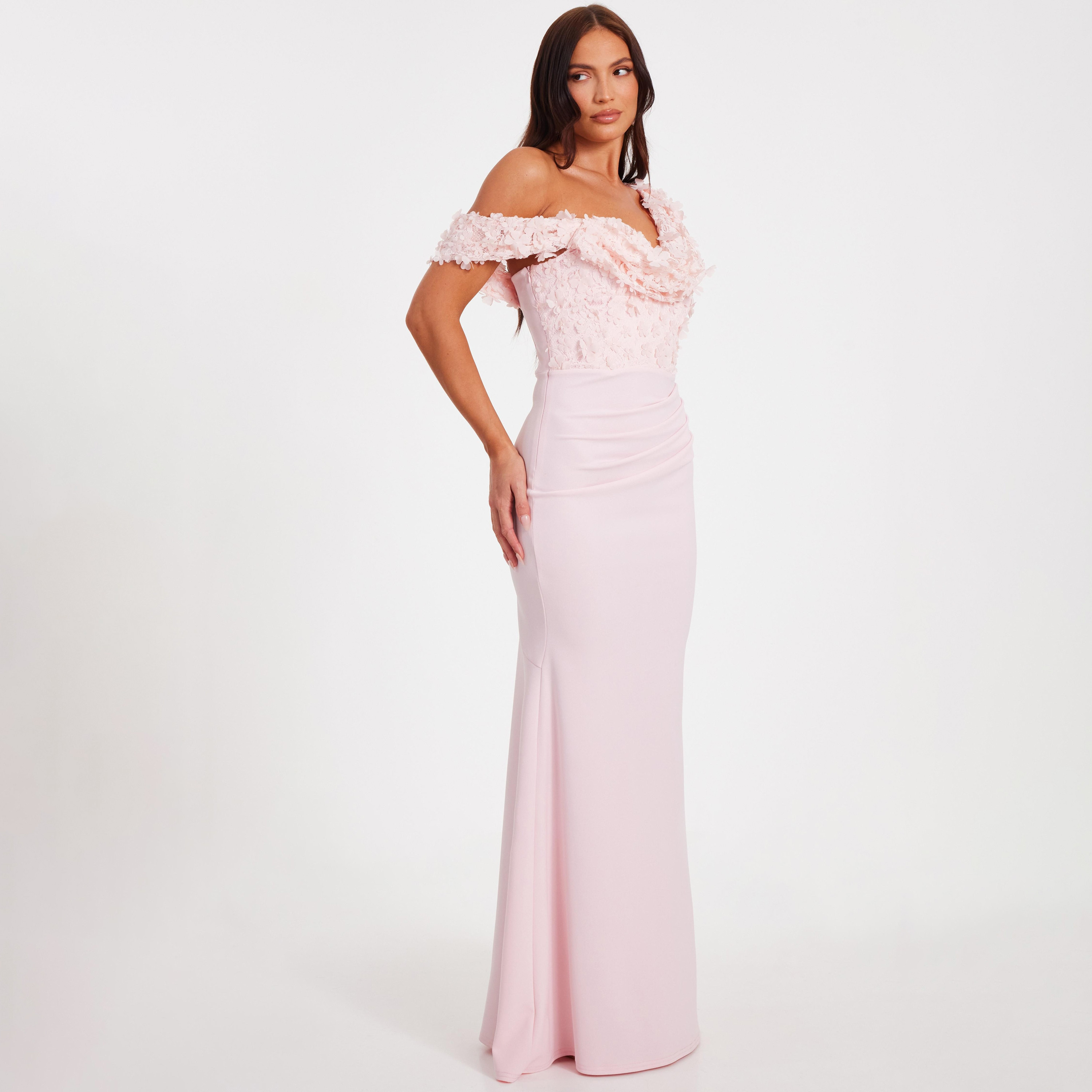 Quiz 3D Floral Jacquard Cowl Neck One-Shoulder Mermaid Baby Pink Women's Evening Maxi Dress-women-clothing-dresses-image-2