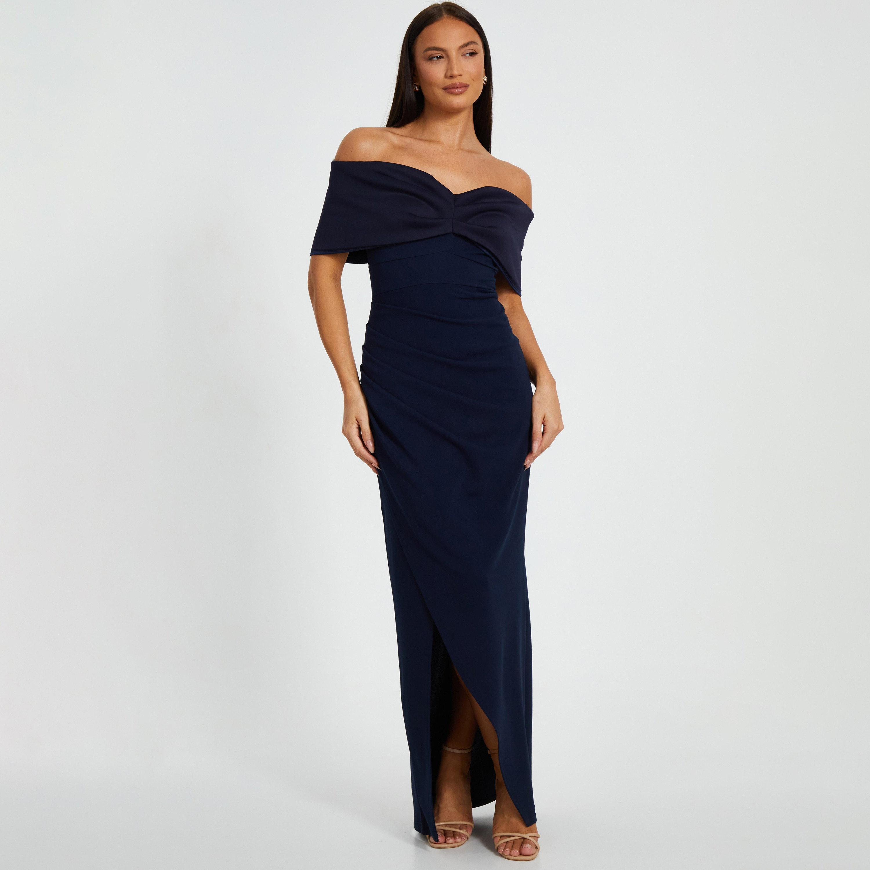 Quiz Contrast Front Scuba Crepe Bardot Neck Slit Navy Women's Evening Maxi Dress-women-clothing-dresses-image-1