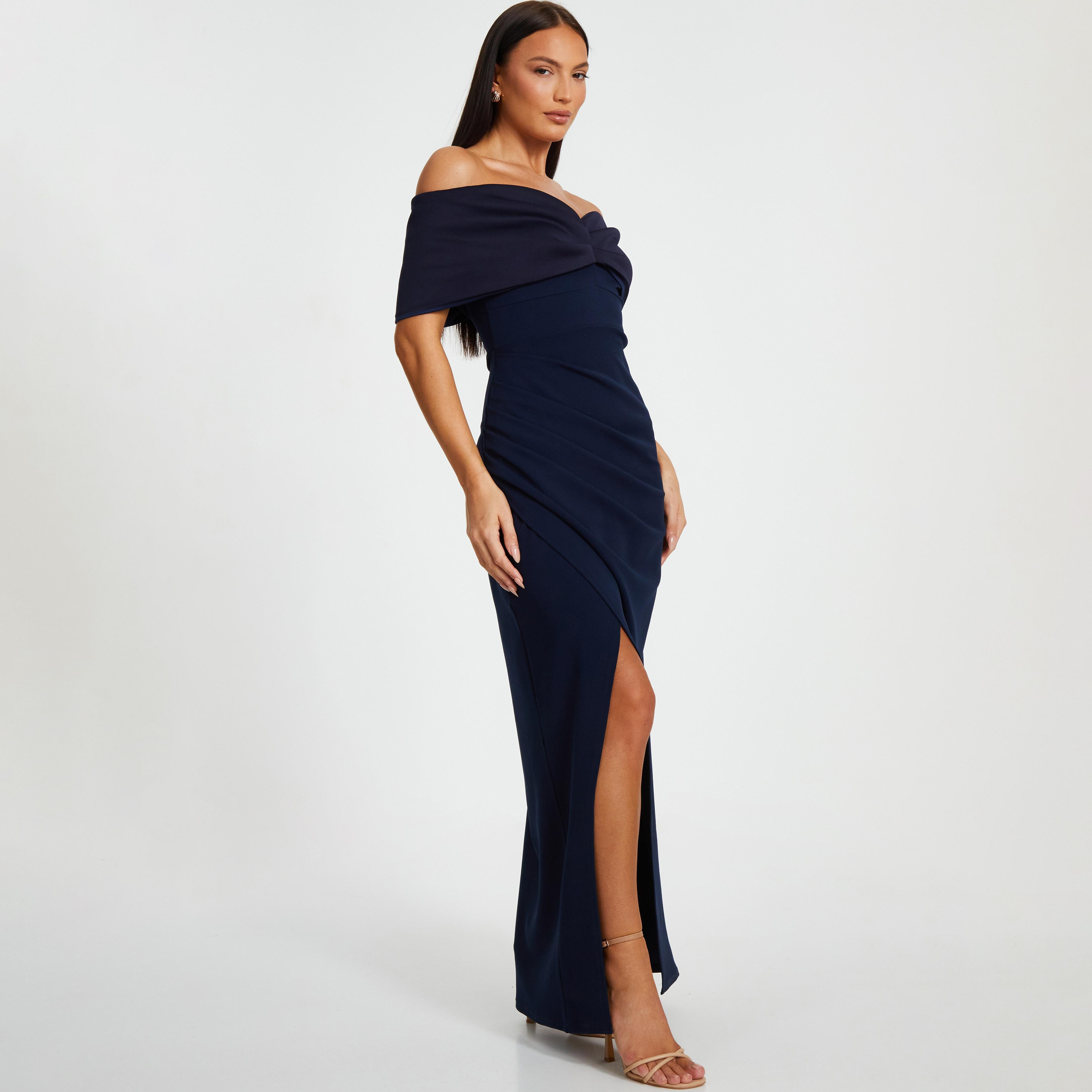 Quiz Contrast Front Scuba Crepe Bardot Neck Slit Navy Women's Evening Maxi Dress-women-clothing-dresses-image-2