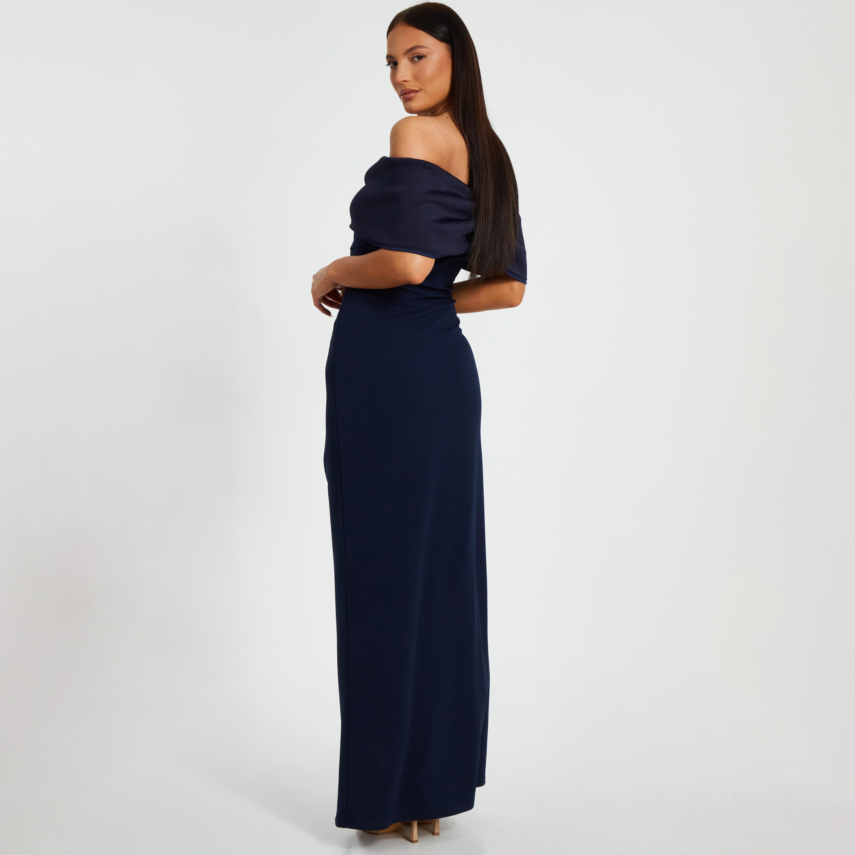 Quiz Contrast Front Scuba Crepe Bardot Neck Slit Navy Women's Evening Maxi Dress-women-clothing-dresses-image-3