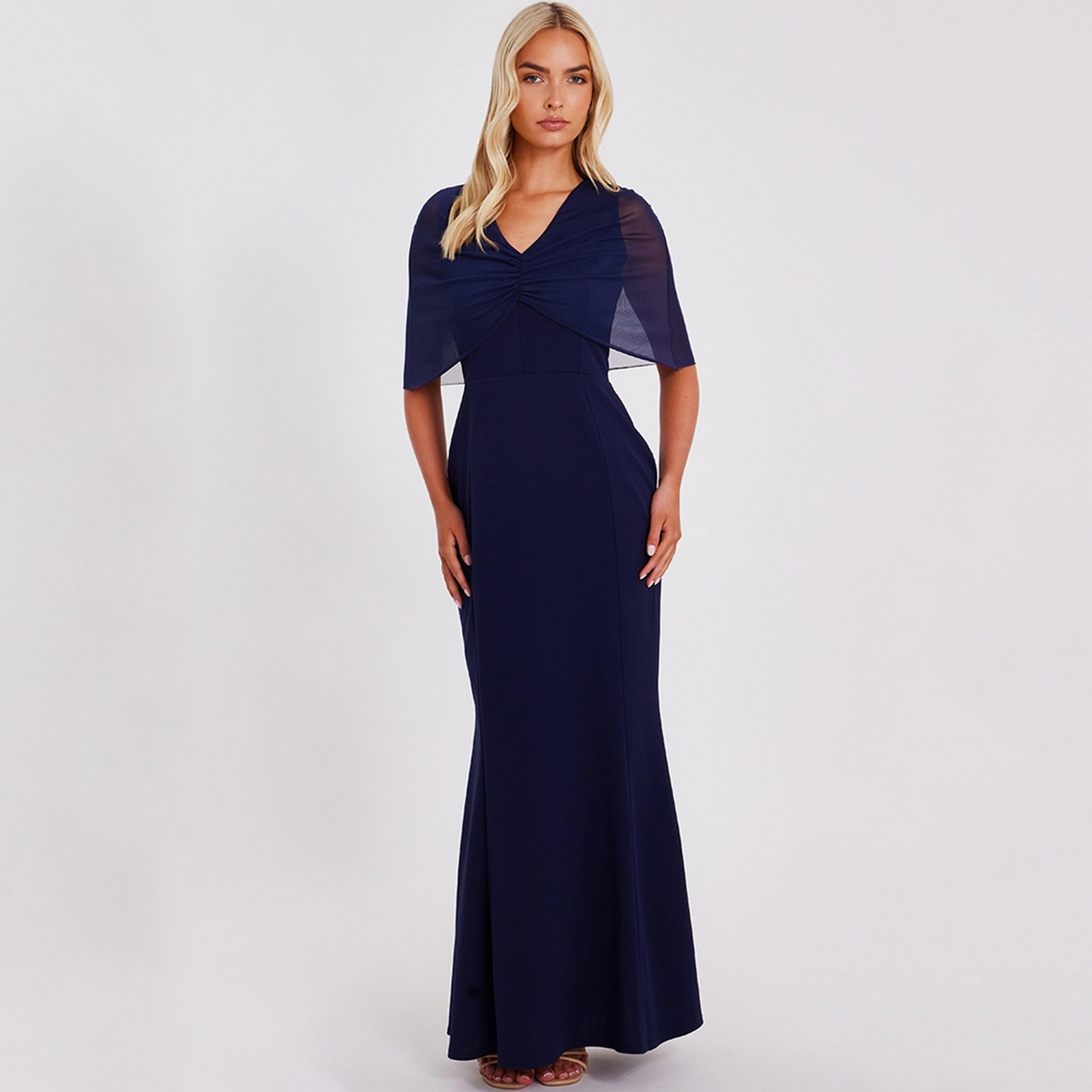 فستان ماكسي نسائي أزرق بتصميم ذيل السمكة وأكمام كاب من قماش سكوبا كريب من كويز.-women-clothing-dresses-image-1