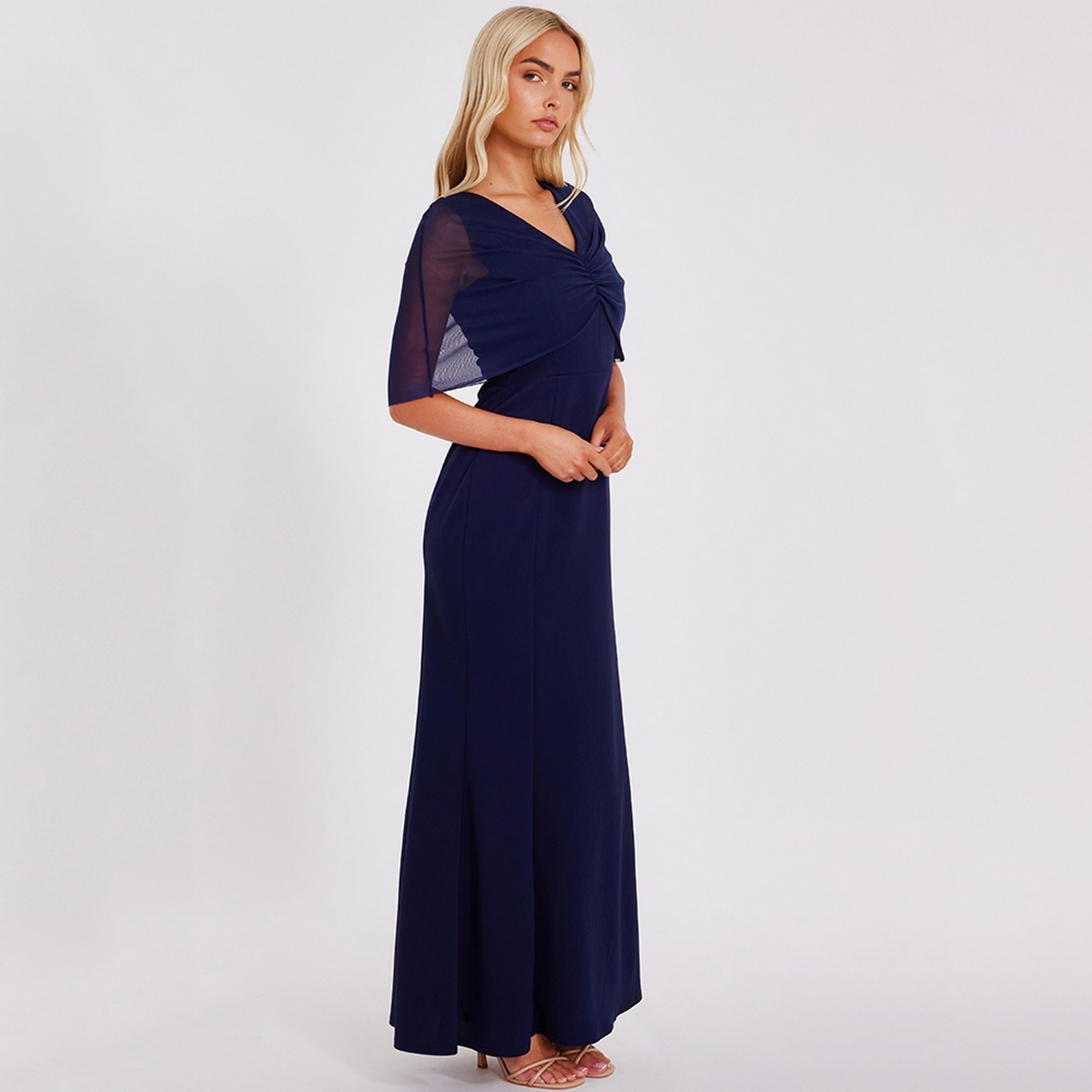 فستان ماكسي نسائي أزرق بتصميم ذيل السمكة وأكمام كاب من قماش سكوبا كريب من كويز.-women-clothing-dresses-image-2