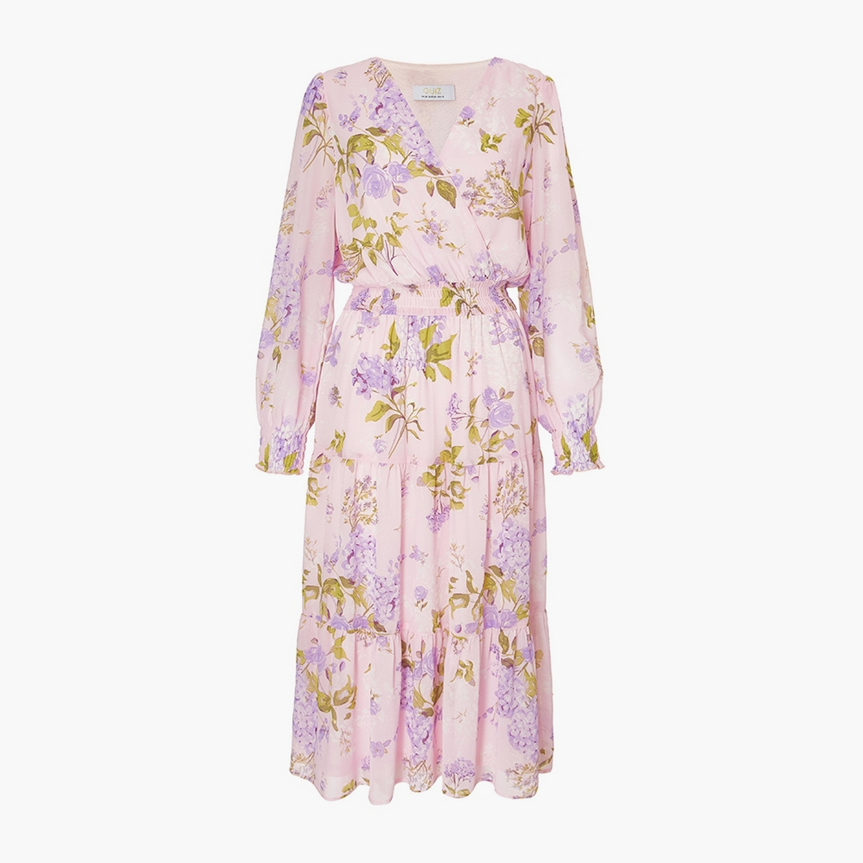 فستان ميدي نسائي وردي بطبقات وياقة ملفوفة وطبعة زهور من الشيفون من كويز.-women-clothing-dresses-image-5
