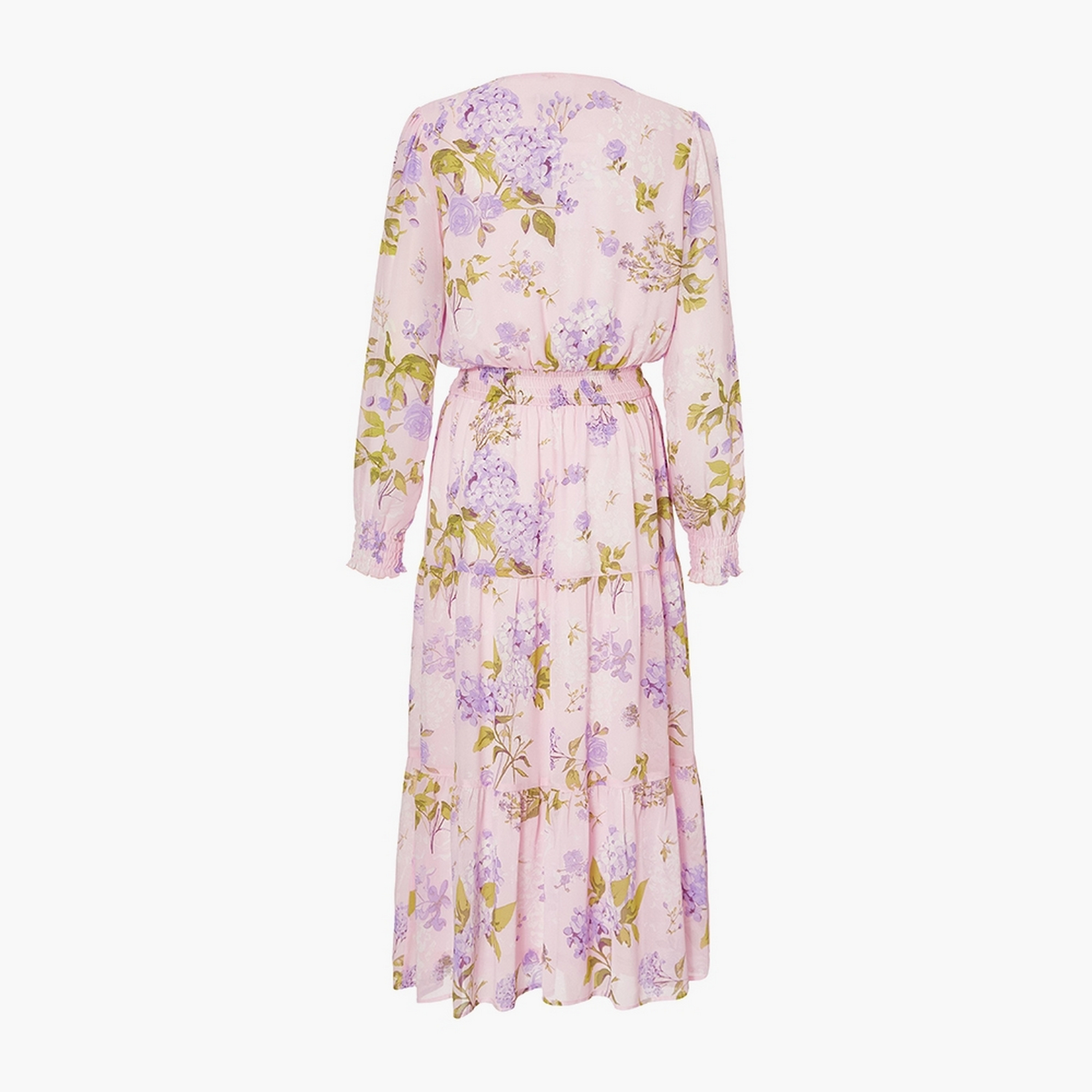 فستان ميدي نسائي وردي بطبقات وياقة ملفوفة وطبعة زهور من الشيفون من كويز.-women-clothing-dresses-image-6