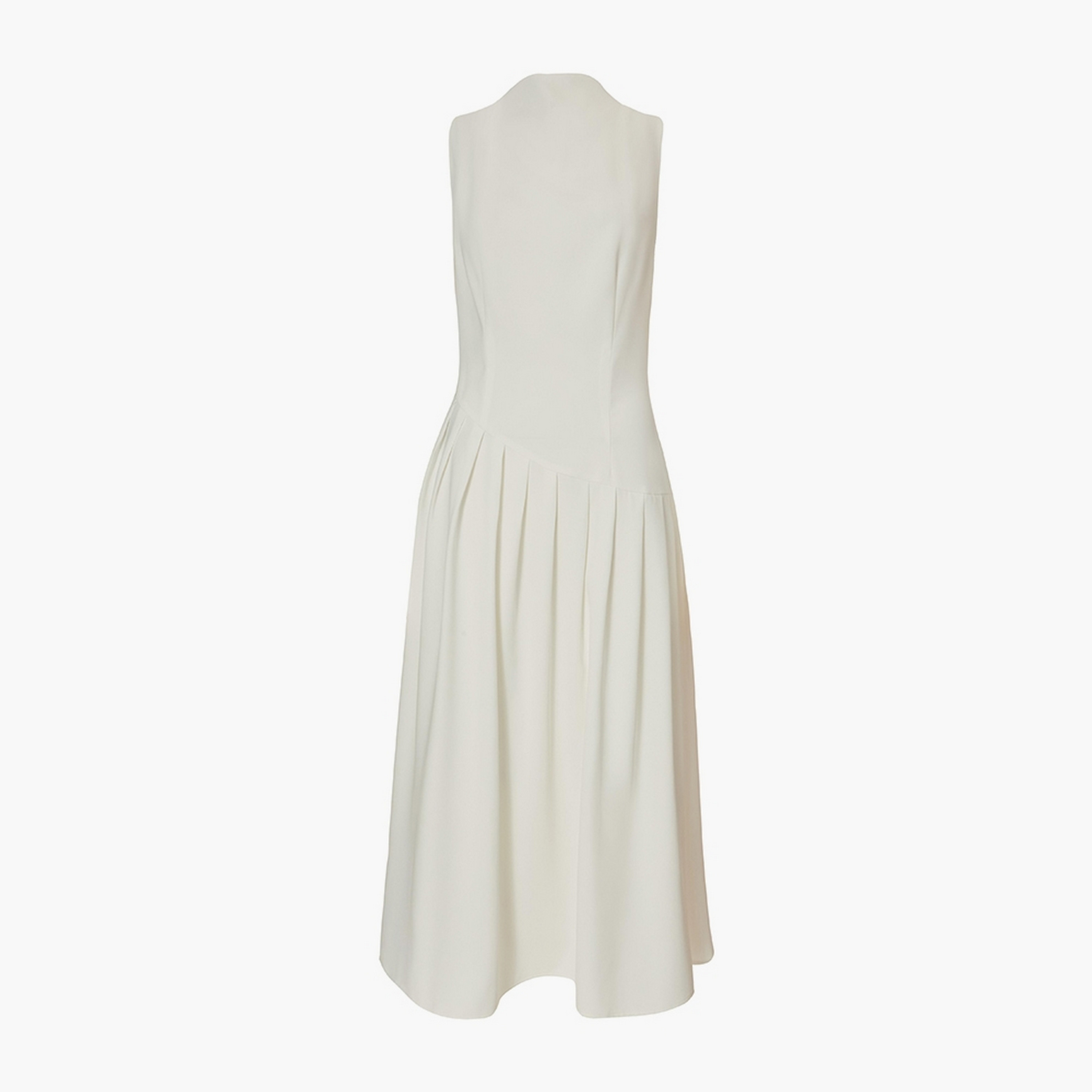 فستان ميدي نسائي أبيض مطوي برقبة عالية من كويز.-women-clothing-dresses-image-5