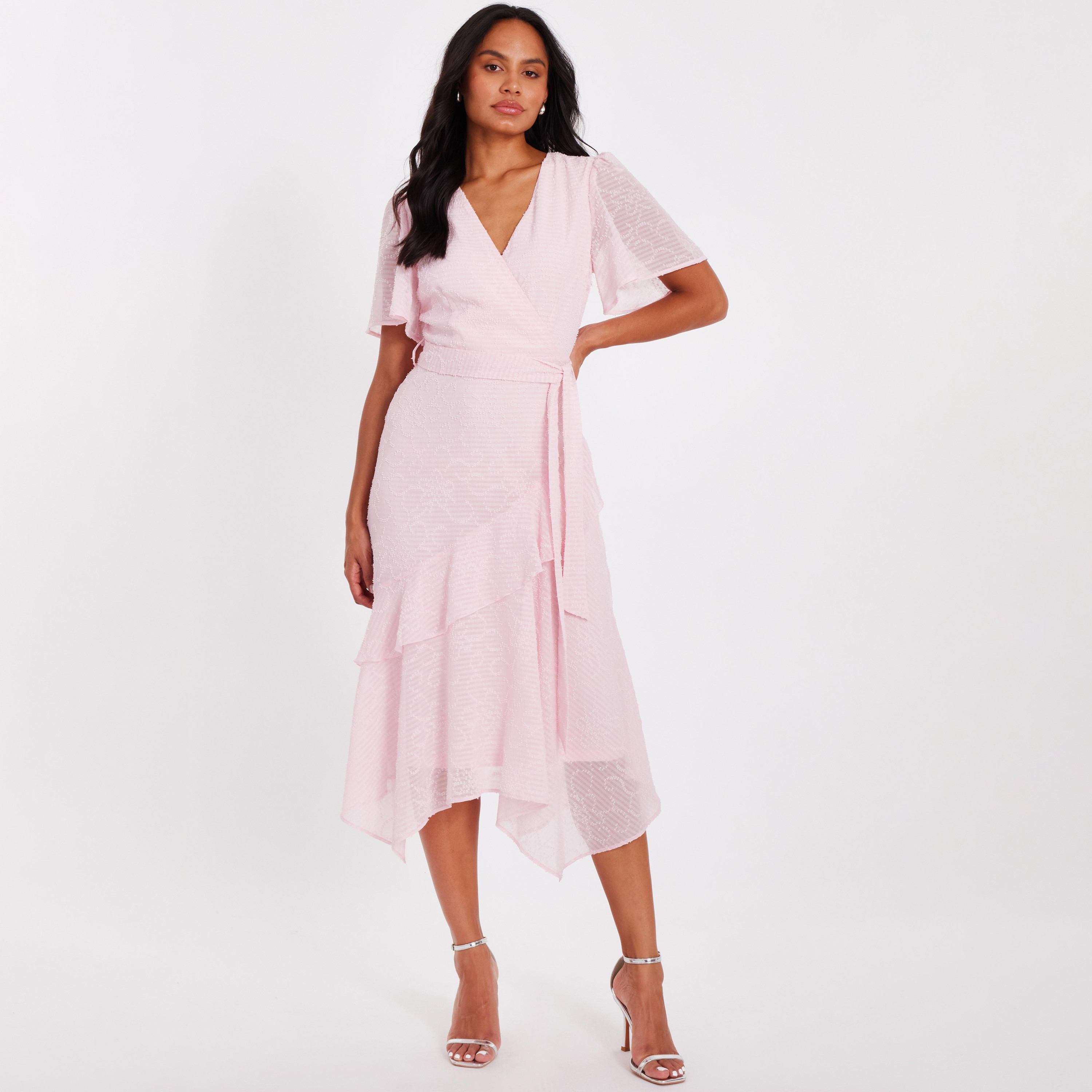 Quiz Striped & Dobby Chiffon Flutter Sleeves Wrap Pink Women's Midi Dress-women-clothing-dresses-image-1