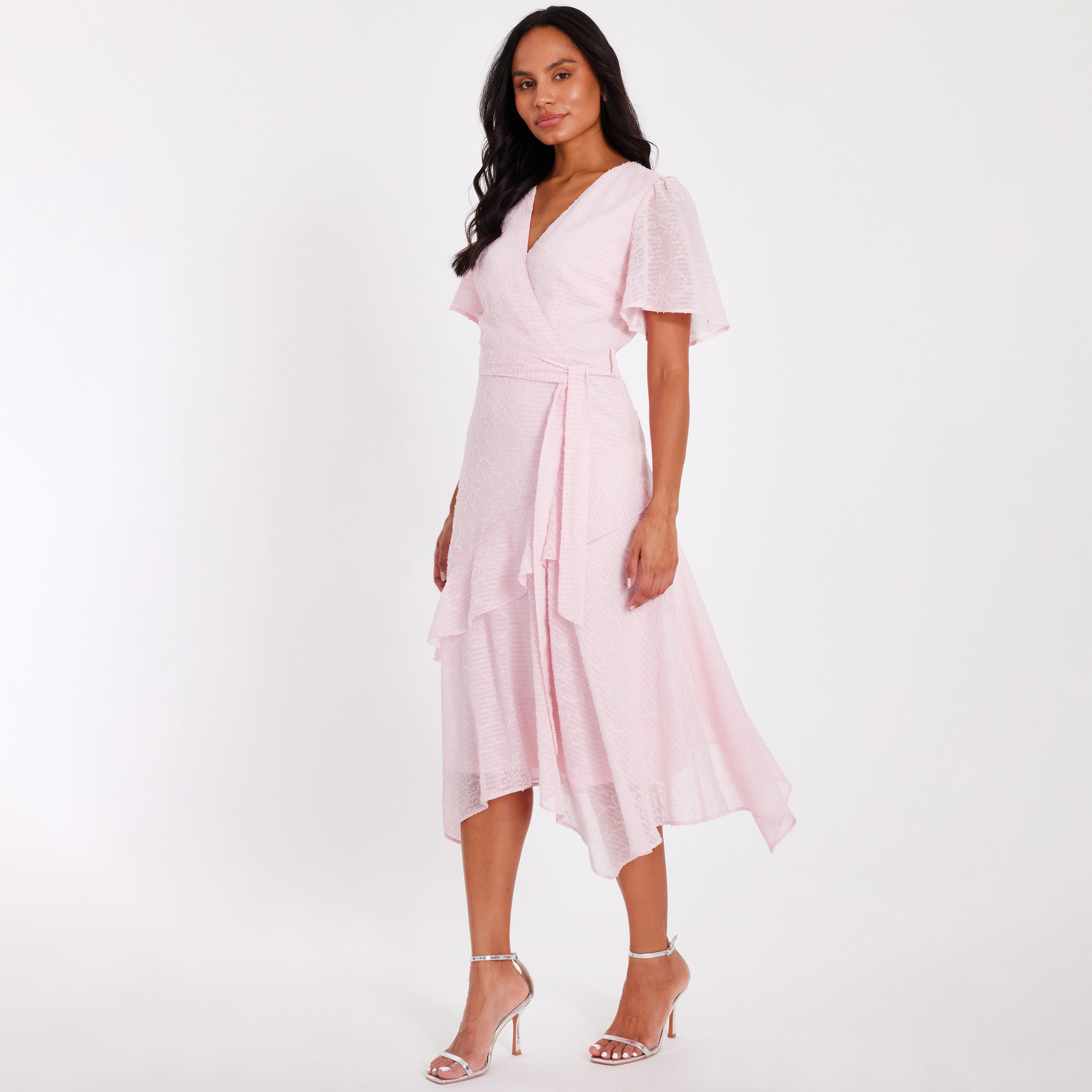 Quiz Striped & Dobby Chiffon Flutter Sleeves Wrap Pink Women's Midi Dress-women-clothing-dresses-image-2